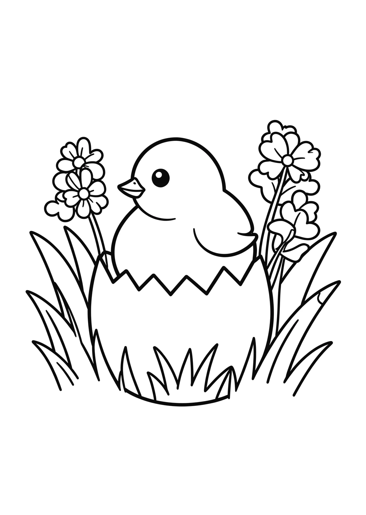 Ausmalbild Osterküken schlüpft aus einem Ei mit Blumen - Ausmalbild aus der Kategorie Tiere - kostenlos ausdrucken