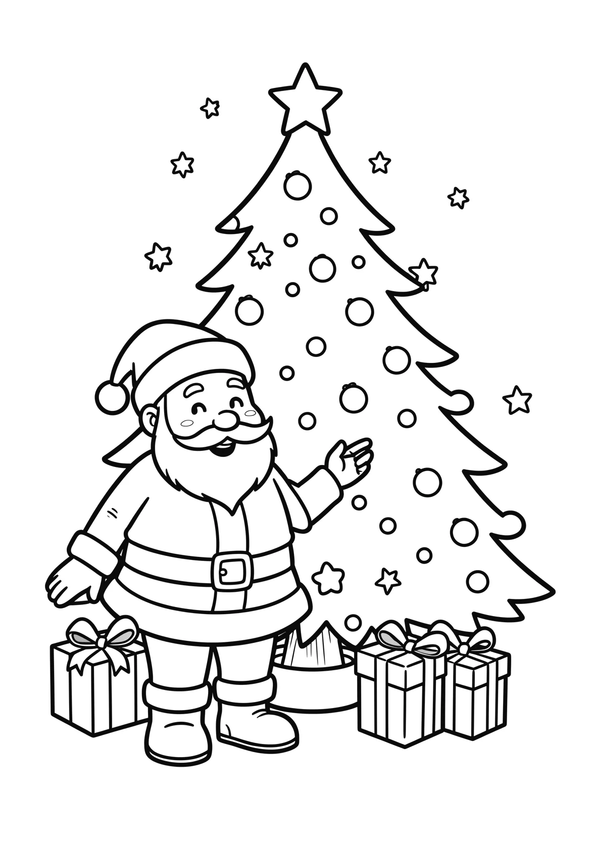 Ausmalbild Weihnachtsmann mit Geschenken vor einem - Ausmalbild aus der Kategorie Feiertage - kostenlos ausdrucken