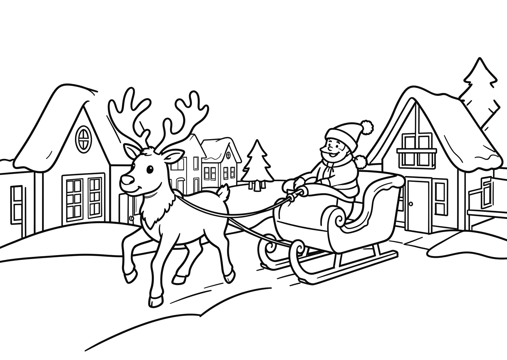 Ausmalbild Rentier zieht den Schlitten des Weihnachtsmanns - Ausmalbild aus der Kategorie Feiertage - kostenlos ausdrucken