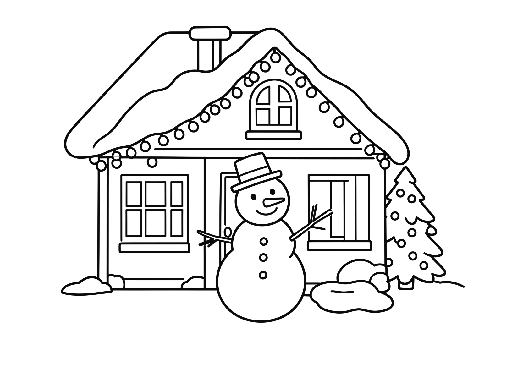 Ausmalbild Kinder bauen einen Schneemann vor einem Haus mit - Ausmalbild aus der Kategorie Feiertage - kostenlos ausdrucken