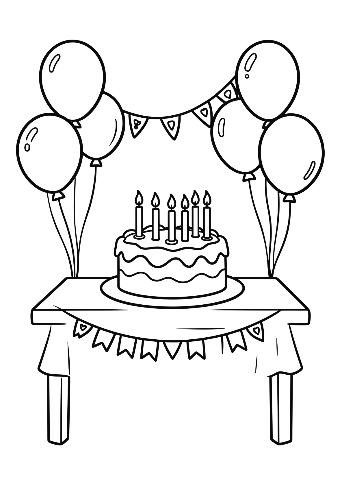 Ausmalbild Geburtstagskuchen mit Kerzen auf einem Tisch mit - Ausmalbild aus der Kategorie Feiertage - kostenlos ausdrucken