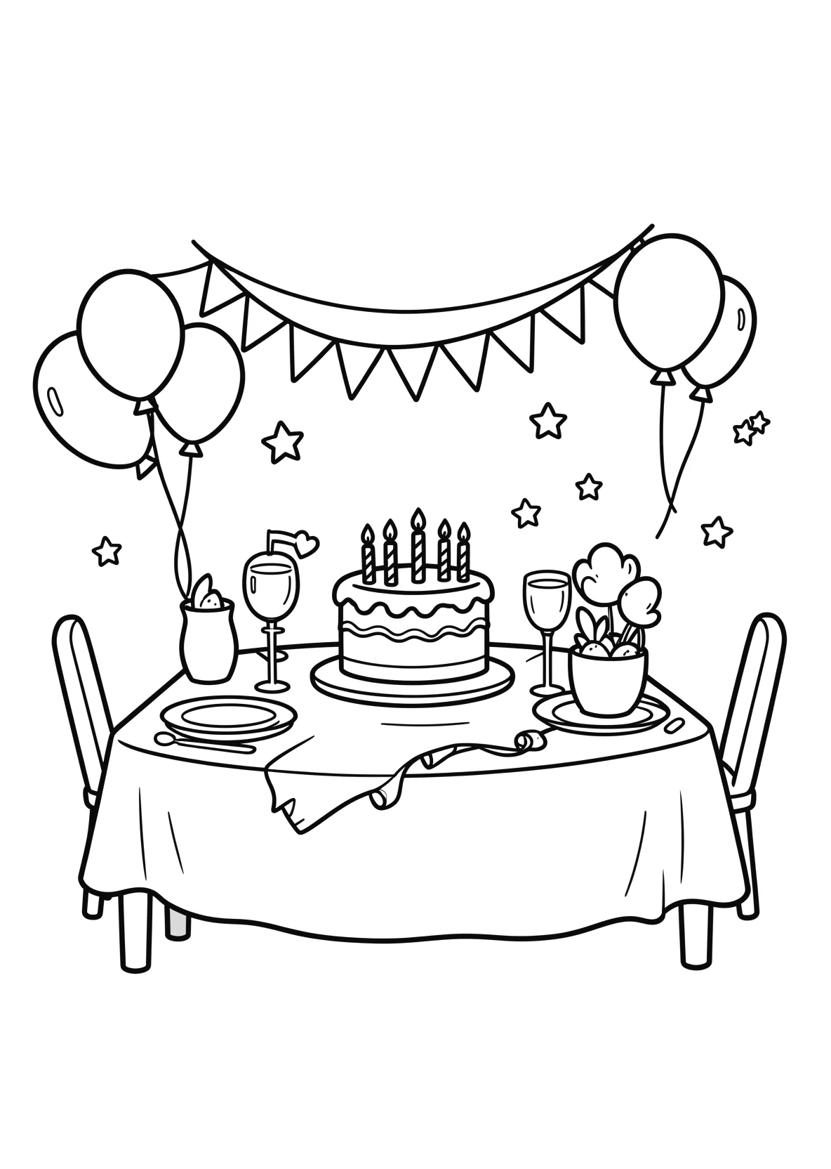 Ausmalbild Geburtstagsparty mit Tisch - Ausmalbild aus der Kategorie Feiertage - kostenlos ausdrucken