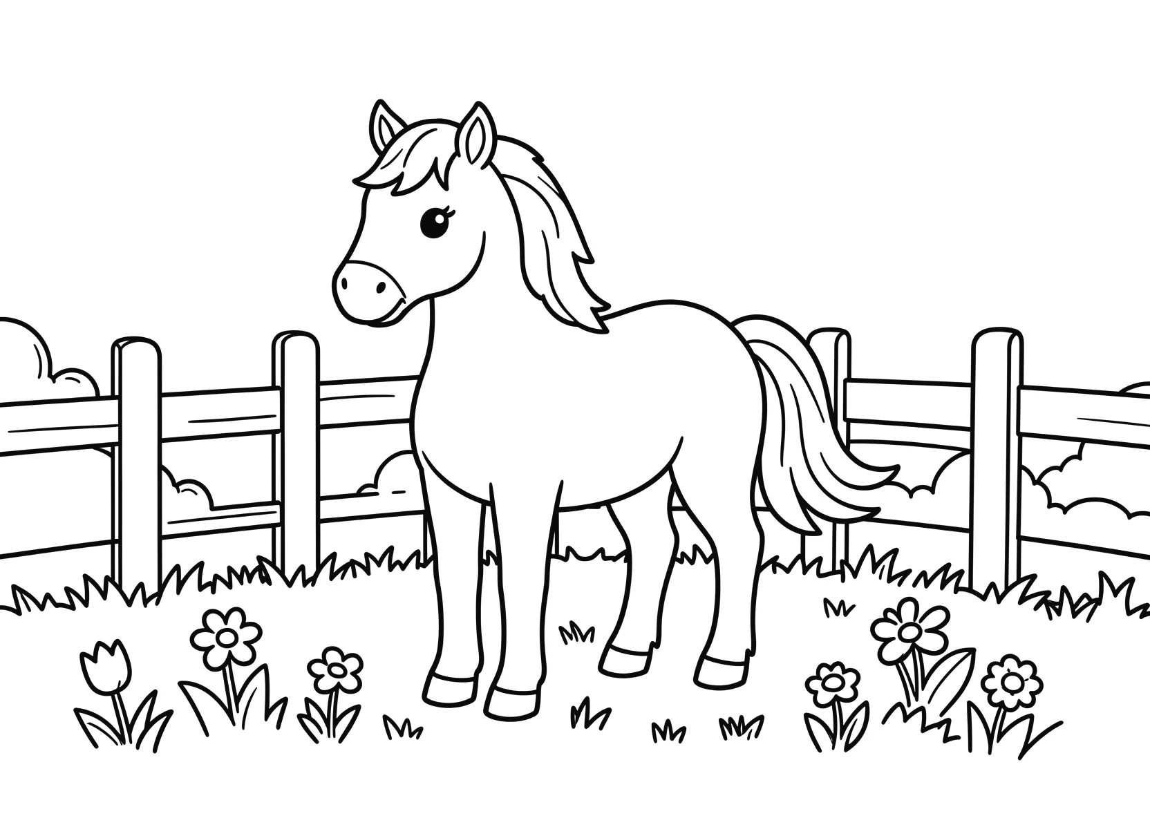 Ausmalbild Pferd auf einer Wiese mit Zaun und Blumen - Ausmalbild aus der Kategorie Tiere - kostenlos ausdrucken