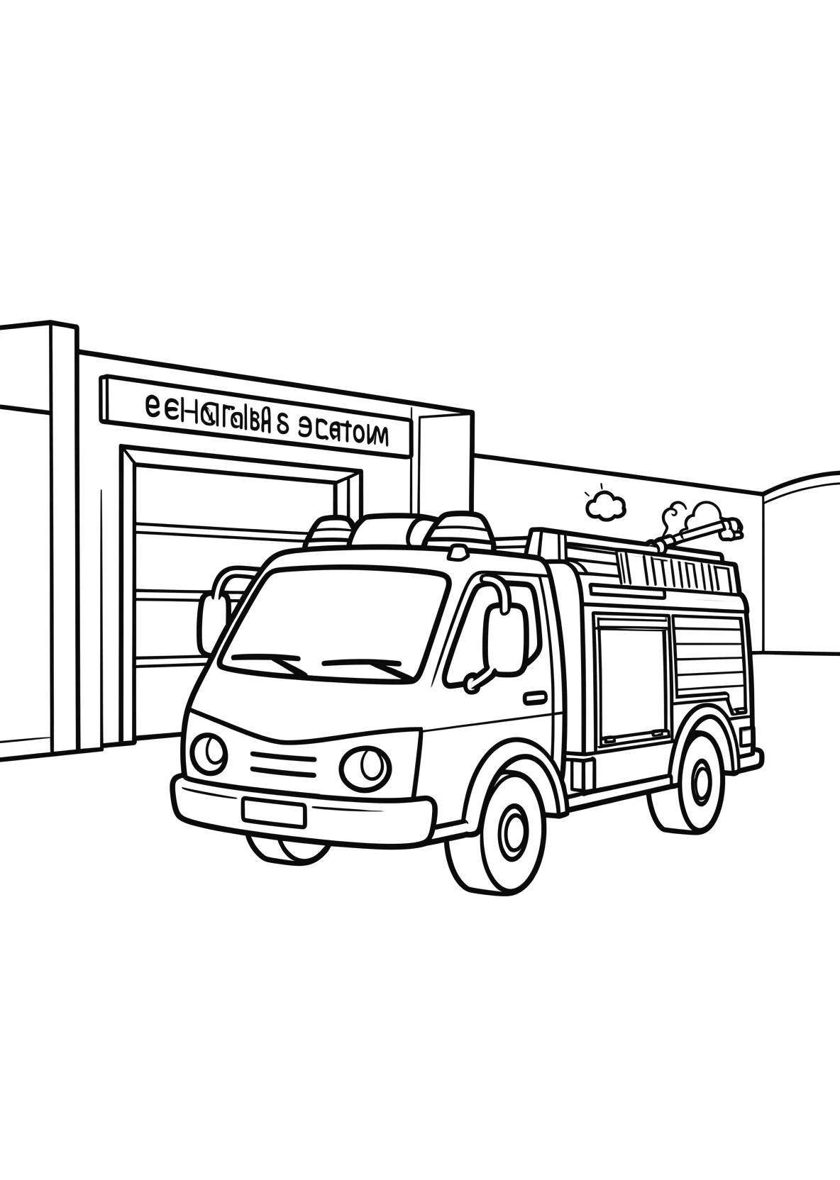 Ausmalbild Feuerwehrauto vor einer Feuerwehrstation - Ausmalbild aus der Kategorie Fahrzeuge - kostenlos ausdrucken