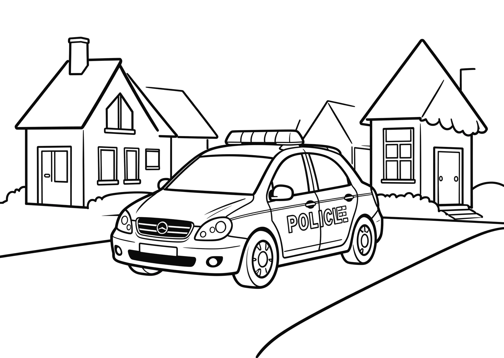 Ausmalbild Polizeiauto auf einer Straße mit Häusern - Ausmalbild aus der Kategorie Fahrzeuge - kostenlos ausdrucken