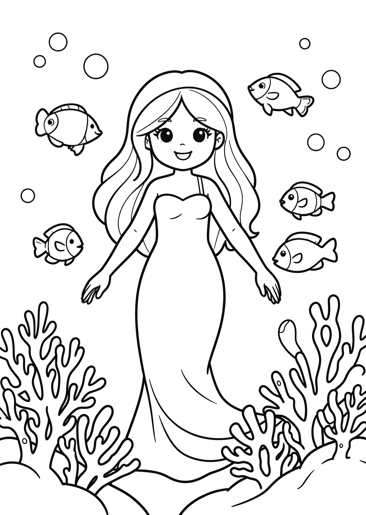 Ausmalbild Meerjungfrau im Meer mit Korallen und Fischen - Ausmalbild aus der Kategorie Maerchen - kostenlos ausdrucken