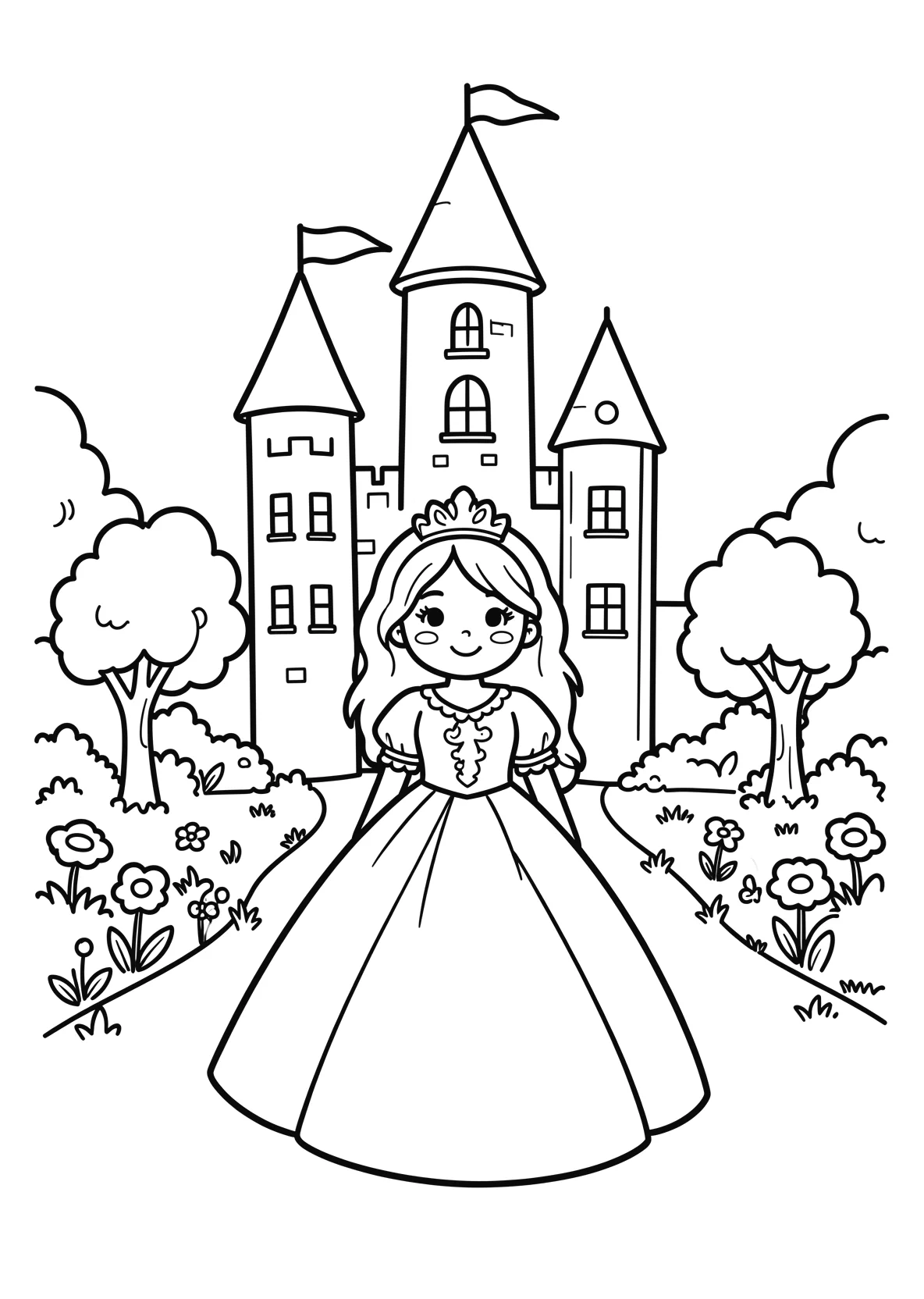 Ausmalbild Prinzessin vor einem Schloss mit Garten - Ausmalbild aus der Kategorie Maerchen - kostenlos ausdrucken
