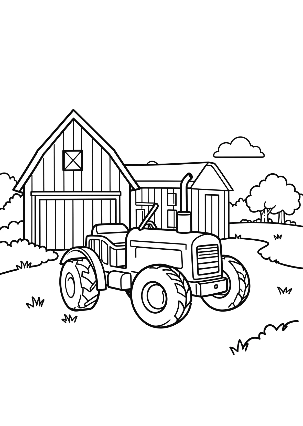 Ausmalbild Traktor auf einem Bauernhof mit Scheune - Ausmalbild aus der Kategorie Tiere - kostenlos ausdrucken
