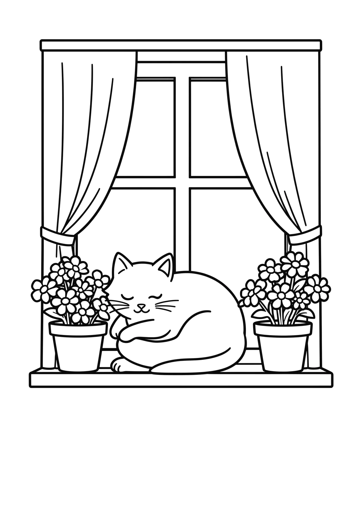 Ausmalbild Katze schläft auf einem Fensterbrett mit - Ausmalbild aus der Kategorie Tiere - kostenlos ausdrucken