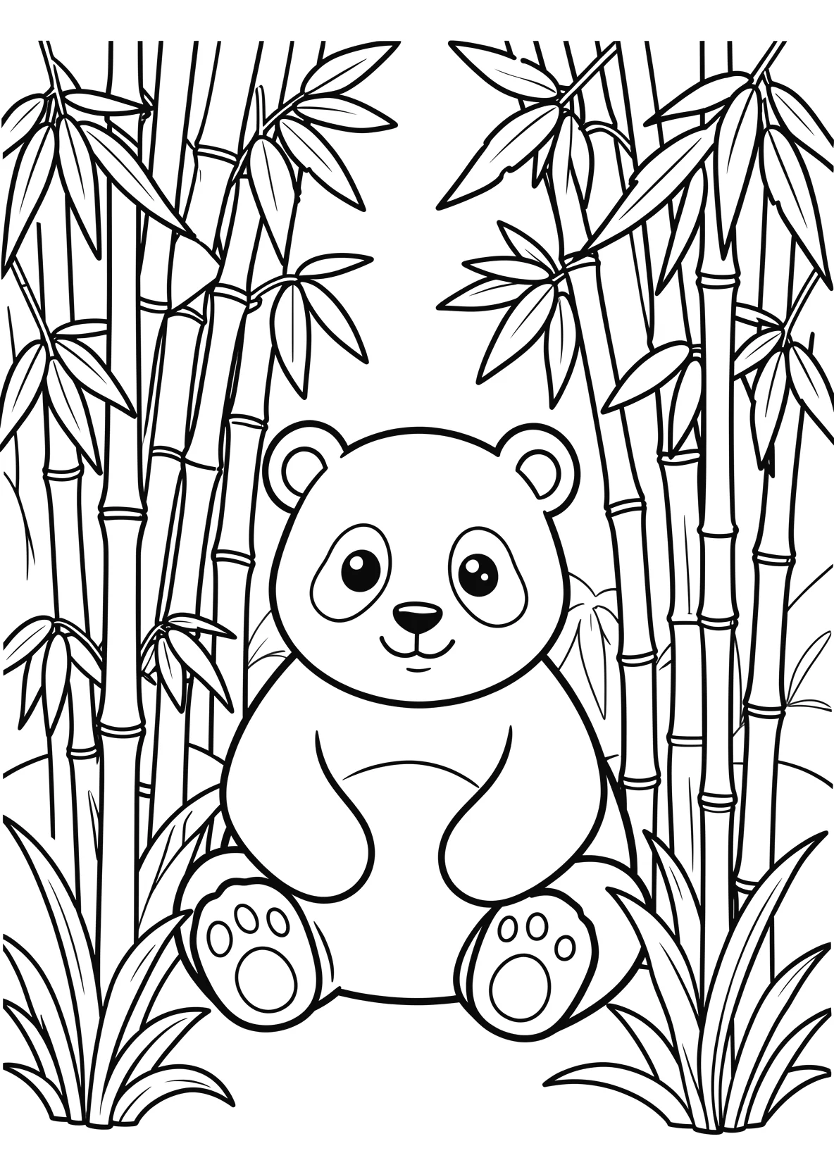 Ausmalbild Panda sitzt im Bambuswald mit vielen - Ausmalbild aus der Kategorie Tiere - kostenlos ausdrucken