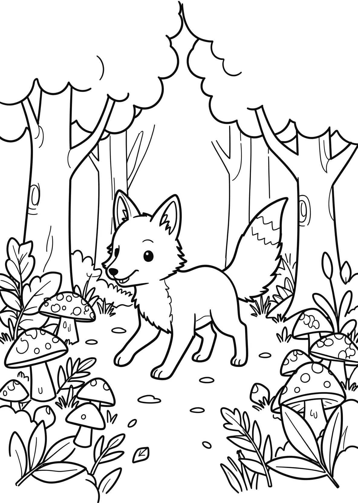 Ausmalbild Fuchs läuft durch einen Wald mit Pilzen - Ausmalbild aus der Kategorie Tiere - kostenlos ausdrucken