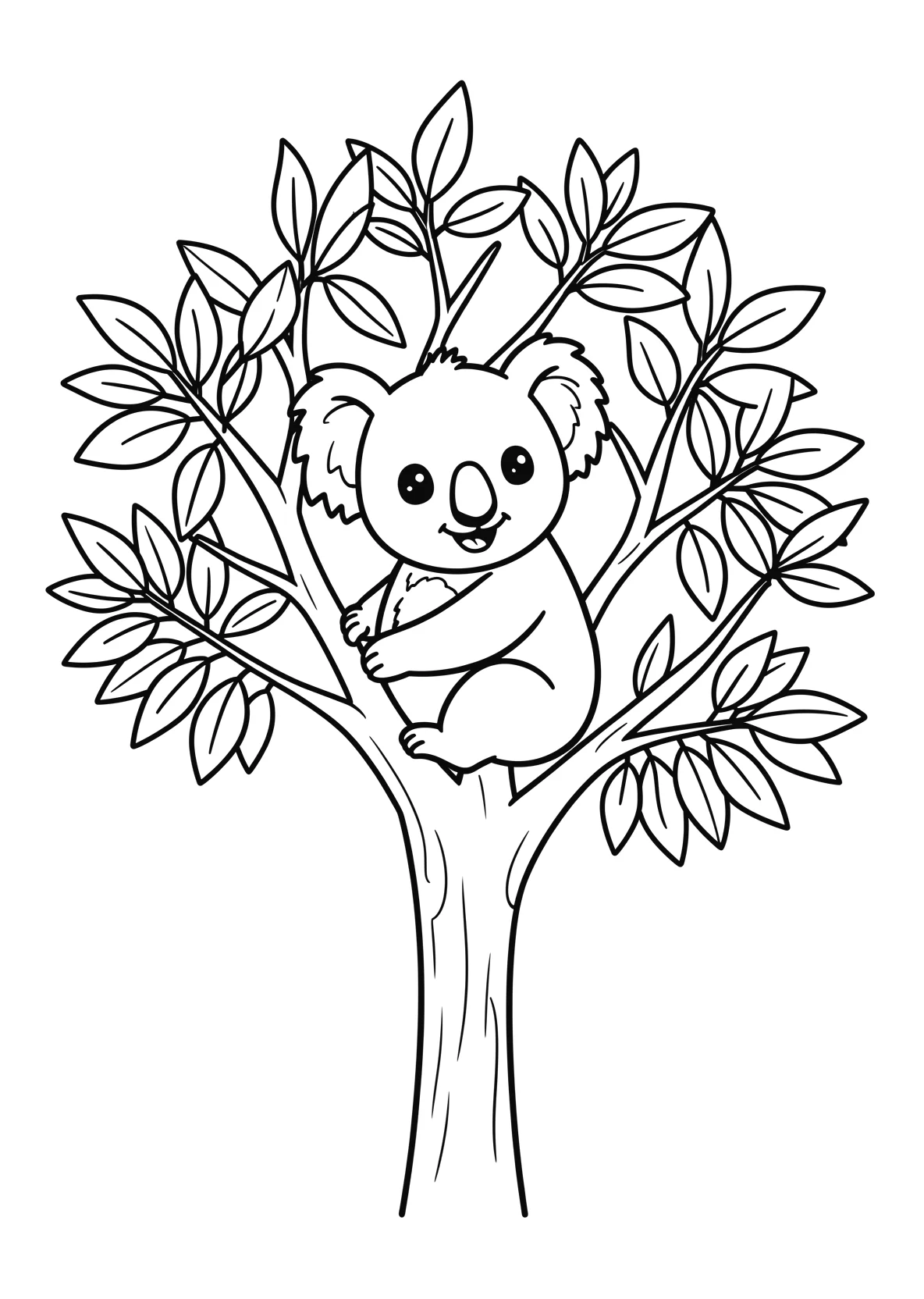 Ausmalbild Koala sitzt auf einem Eukalyptusbaum mit Blättern - Ausmalbild aus der Kategorie Tiere - kostenlos ausdrucken