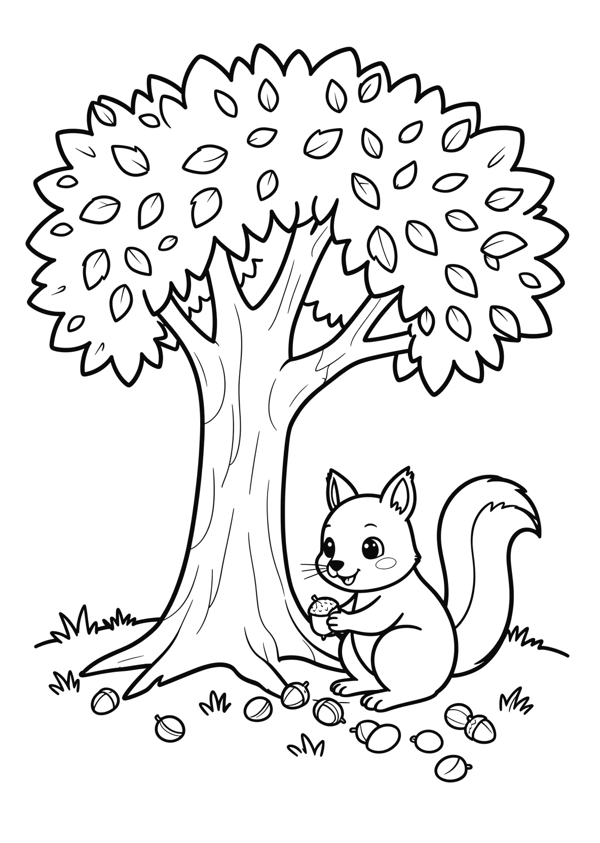 Ausmalbild Eichhörnchen sammelt Nüsse unter einem großen - Ausmalbild aus der Kategorie Natur - kostenlos ausdrucken