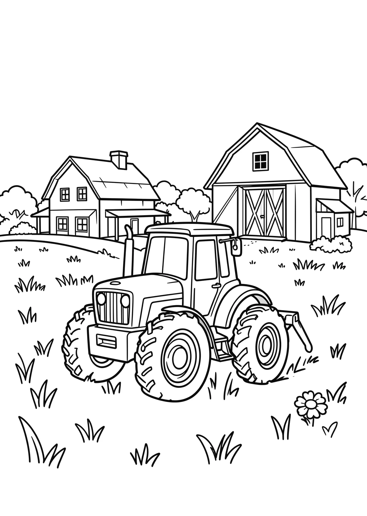 Ausmalbild Traktor fährt über ein Feld mit Bauernhaus - Ausmalbild aus der Kategorie Fahrzeuge - kostenlos ausdrucken