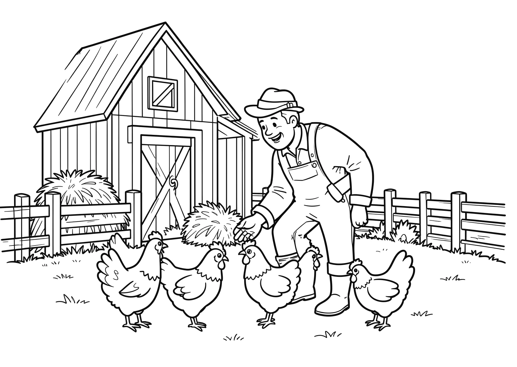 Ausmalbild Bauer füttert Hühner vor einer Scheune mit Zaun - Ausmalbild aus der Kategorie Tiere - kostenlos ausdrucken