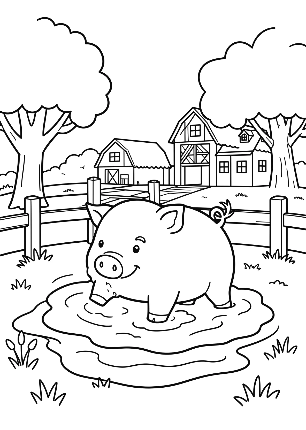 Ausmalbild Schwein spielt im Schlamm mit Zaun - Ausmalbild aus der Kategorie Tiere - kostenlos ausdrucken