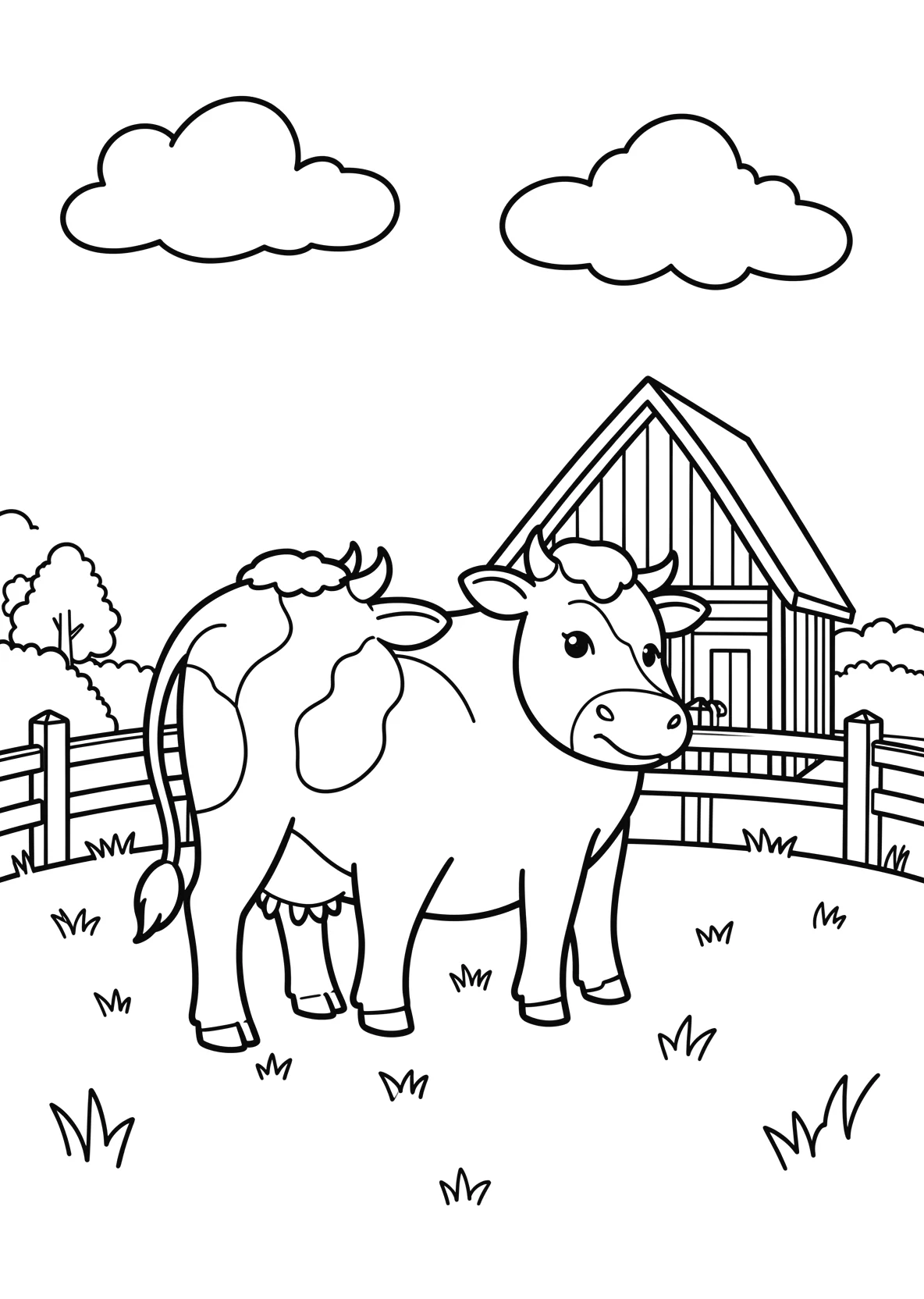 Ausmalbild Kuh steht auf einer Wiese mit Scheune - Ausmalbild aus der Kategorie Natur - kostenlos ausdrucken