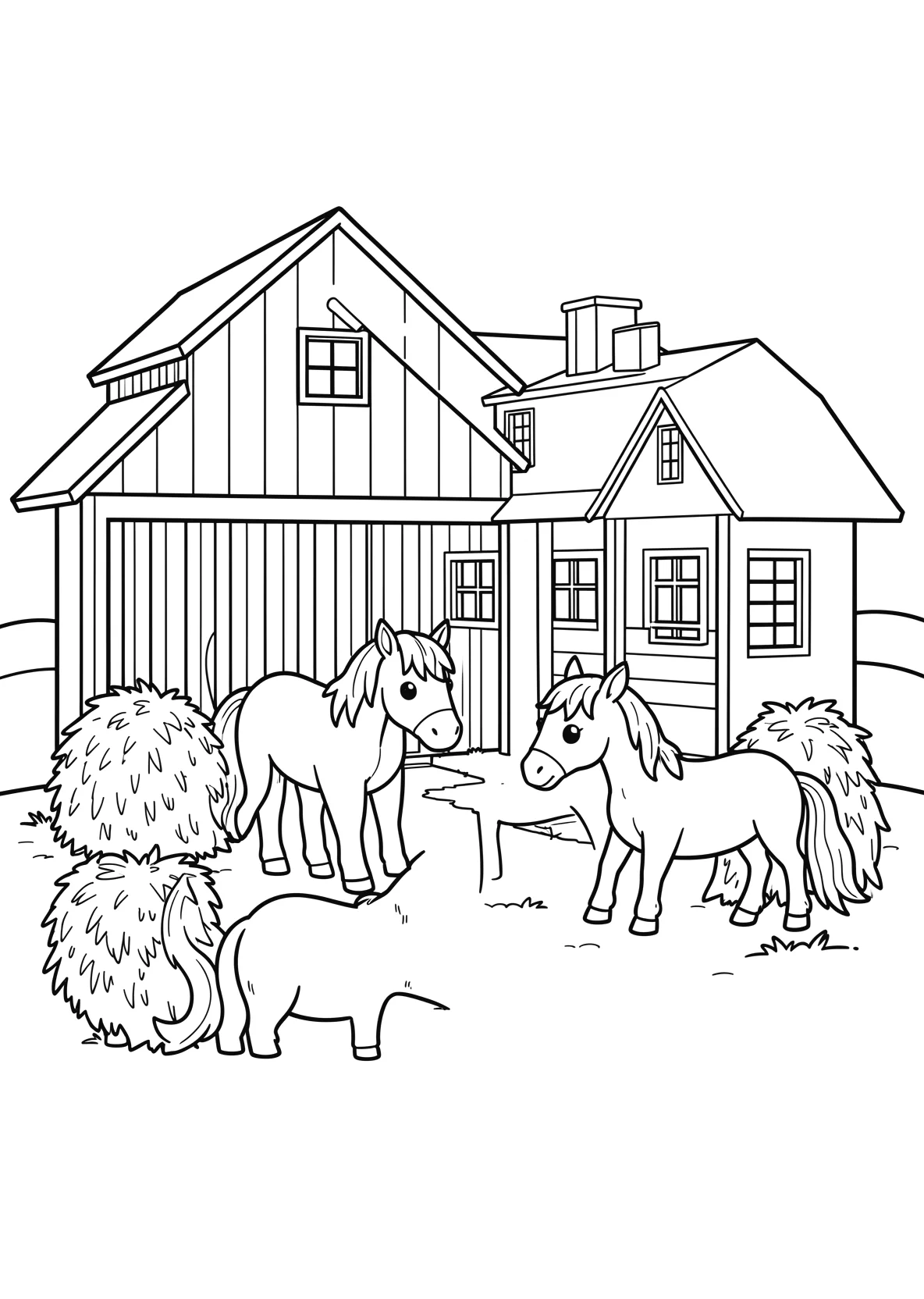 Ausmalbild Pferdestall mit Pferden - Ausmalbild aus der Kategorie Tiere - kostenlos ausdrucken