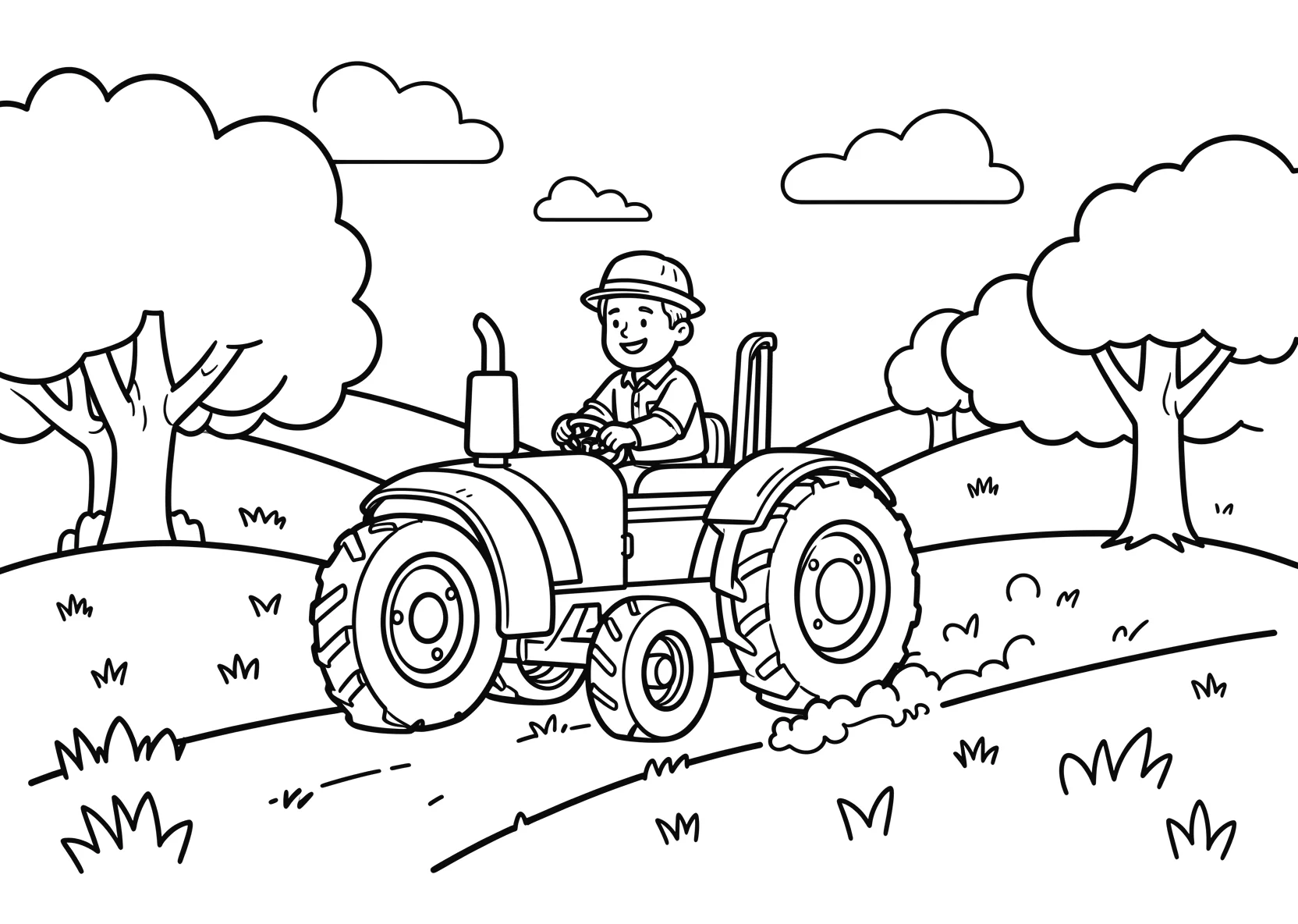 Ausmalbild Bauer fährt einen Traktor über ein Feld mit Bäumen - Ausmalbild aus der Kategorie Fahrzeuge - kostenlos ausdrucken