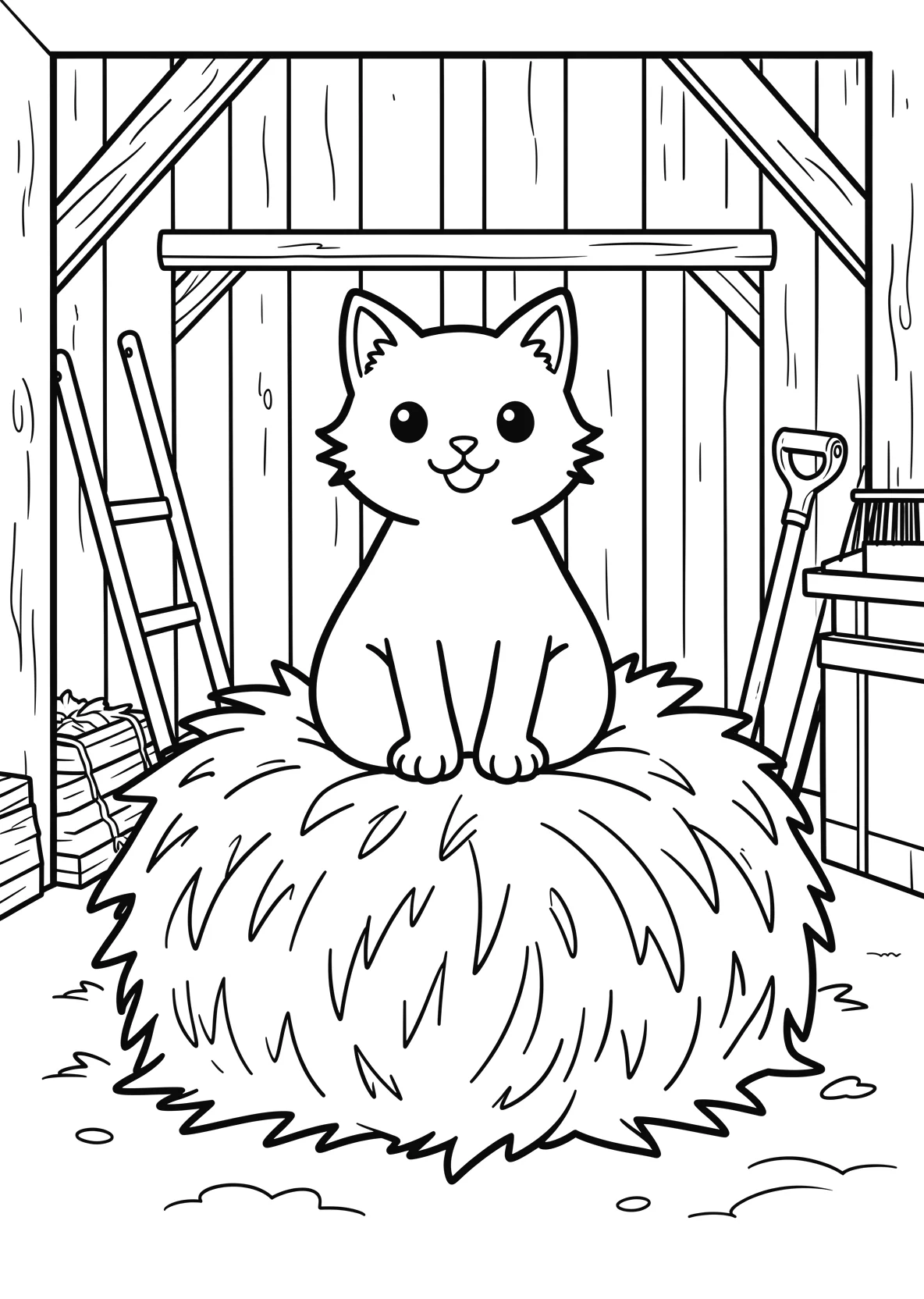 Ausmalbild Katze sitzt auf einem Heuballen in einer Scheune - Ausmalbild aus der Kategorie Tiere - kostenlos ausdrucken