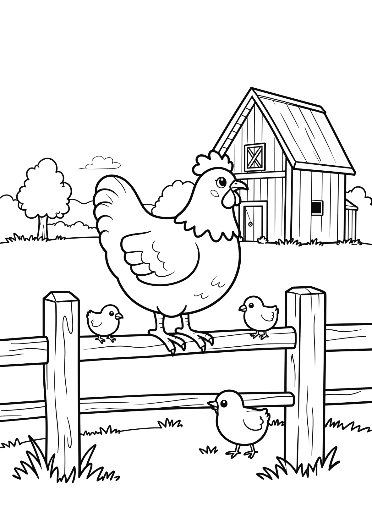 Ausmalbild Huhn sitzt auf einem Zaun mit Küken - Ausmalbild aus der Kategorie Tiere - kostenlos ausdrucken