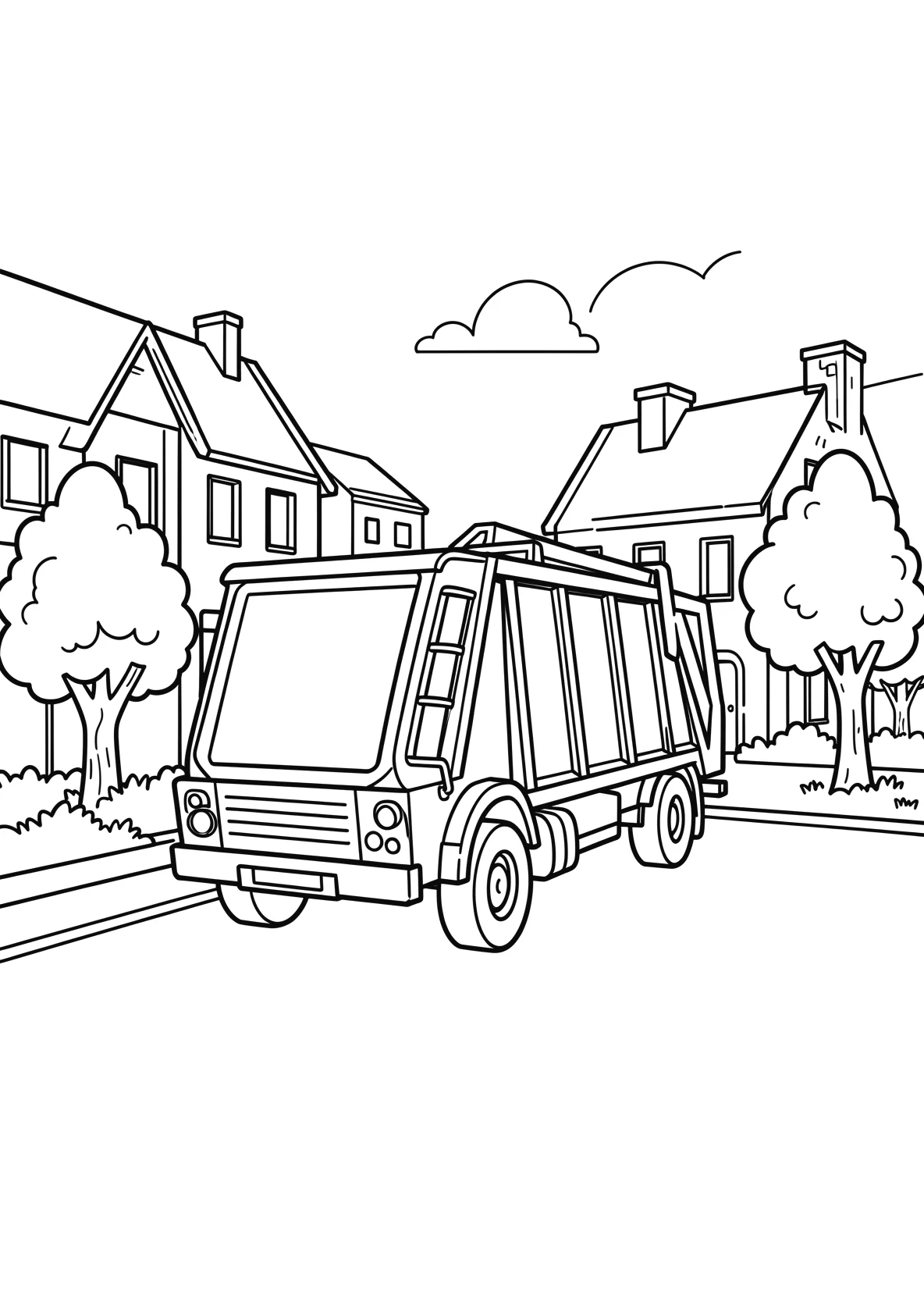 Ausmalbild Großer Müllwagen fährt durch eine Straße mit - Ausmalbild aus der Kategorie Fahrzeuge - kostenlos ausdrucken