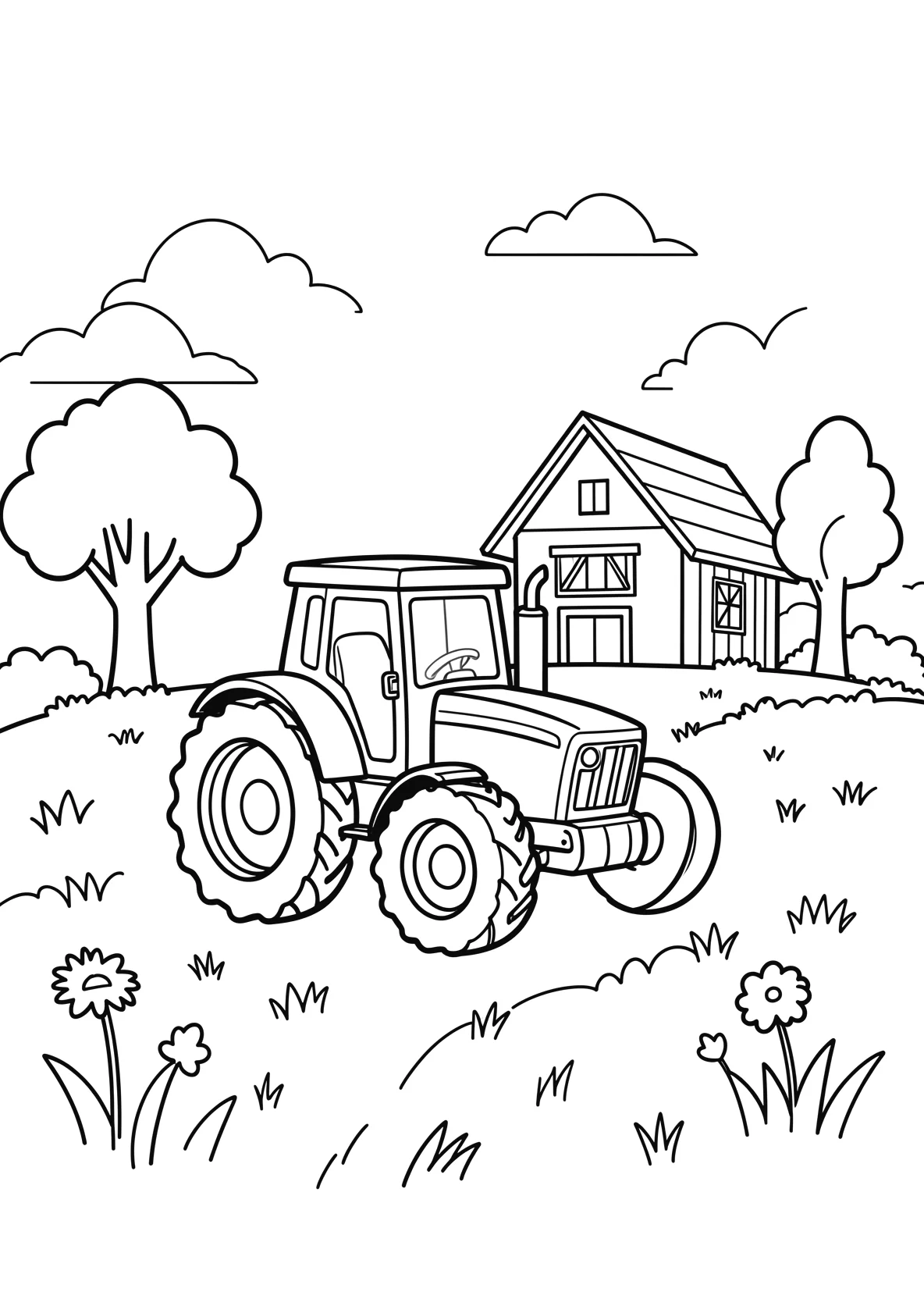 Ausmalbild Traktor fährt über ein Feld mit Scheune - Ausmalbild aus der Kategorie Fahrzeuge - kostenlos ausdrucken