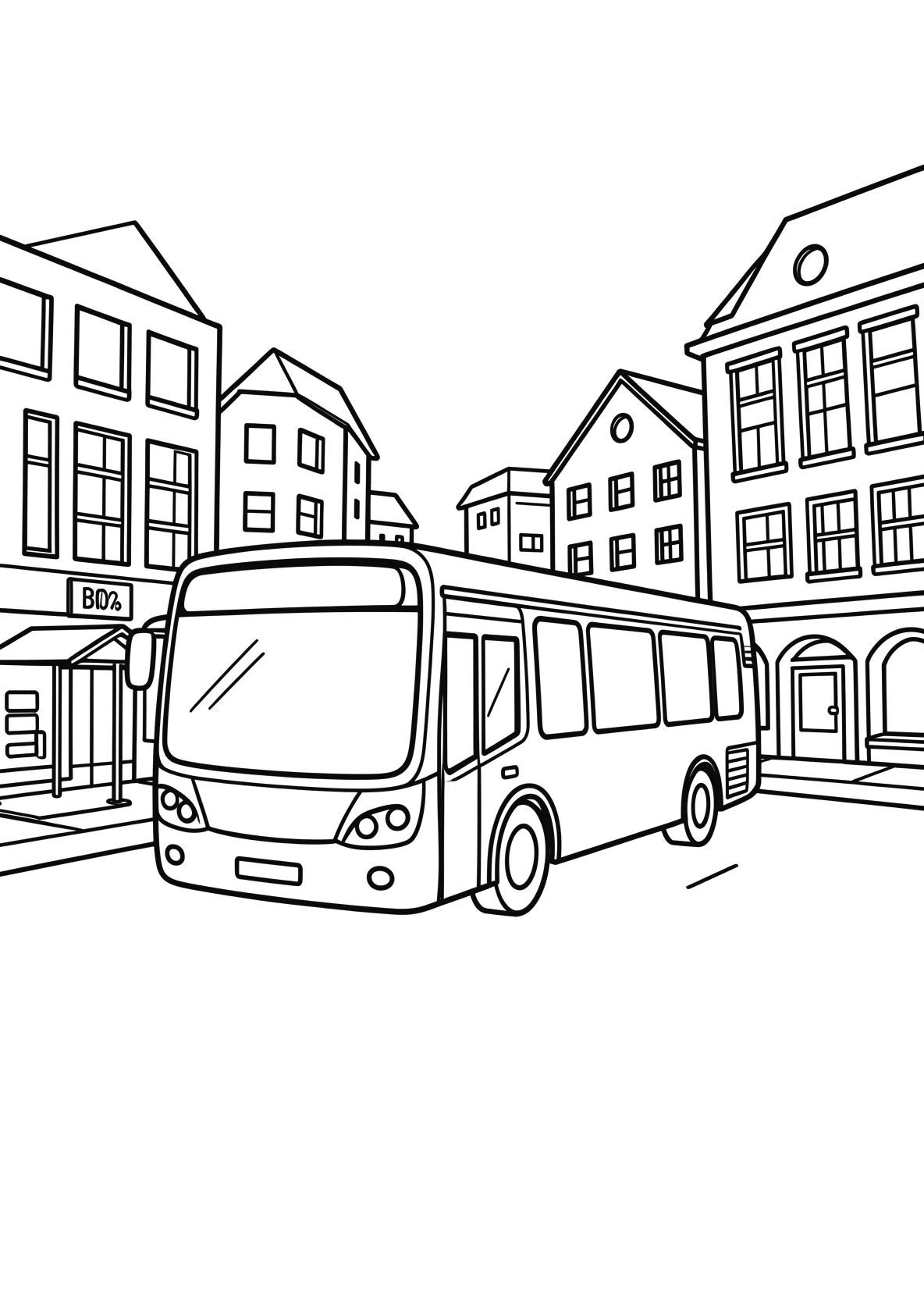 Ausmalbild Bus fährt durch eine Stadt mit Häusern - Ausmalbild aus der Kategorie Fahrzeuge - kostenlos ausdrucken