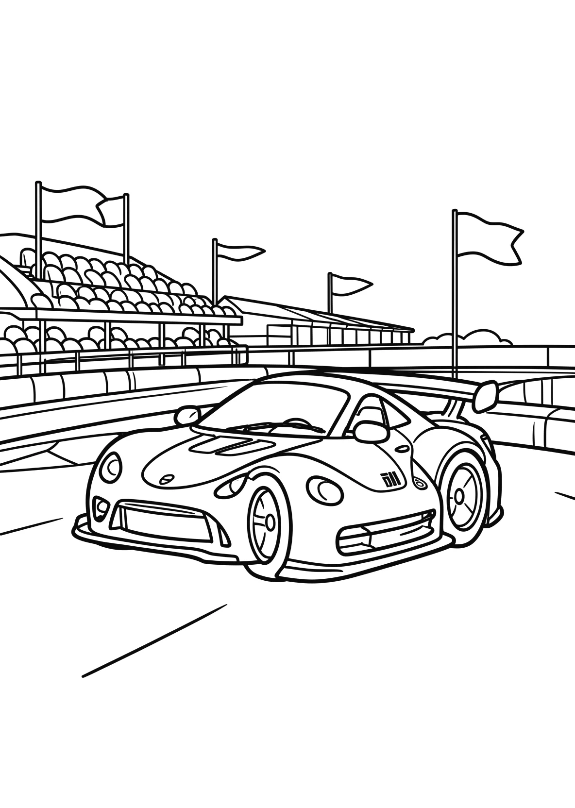 Ausmalbild Rennwagen fährt über eine Rennstrecke mit Tribüne - Ausmalbild aus der Kategorie Fahrzeuge - kostenlos ausdrucken