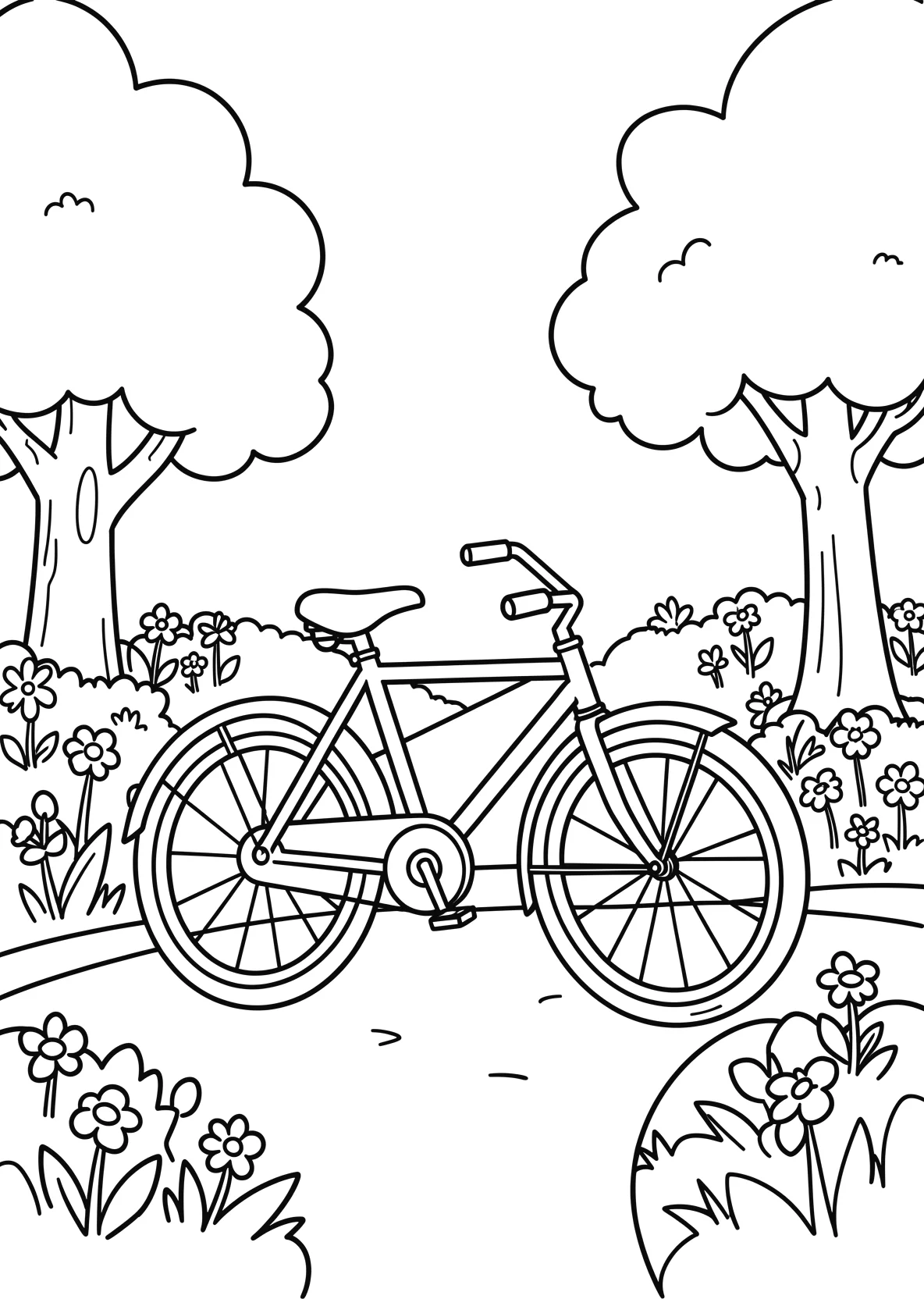 Ausmalbild Fahrrad steht in einem Park mit Blumen - Ausmalbild aus der Kategorie Fahrzeuge - kostenlos ausdrucken