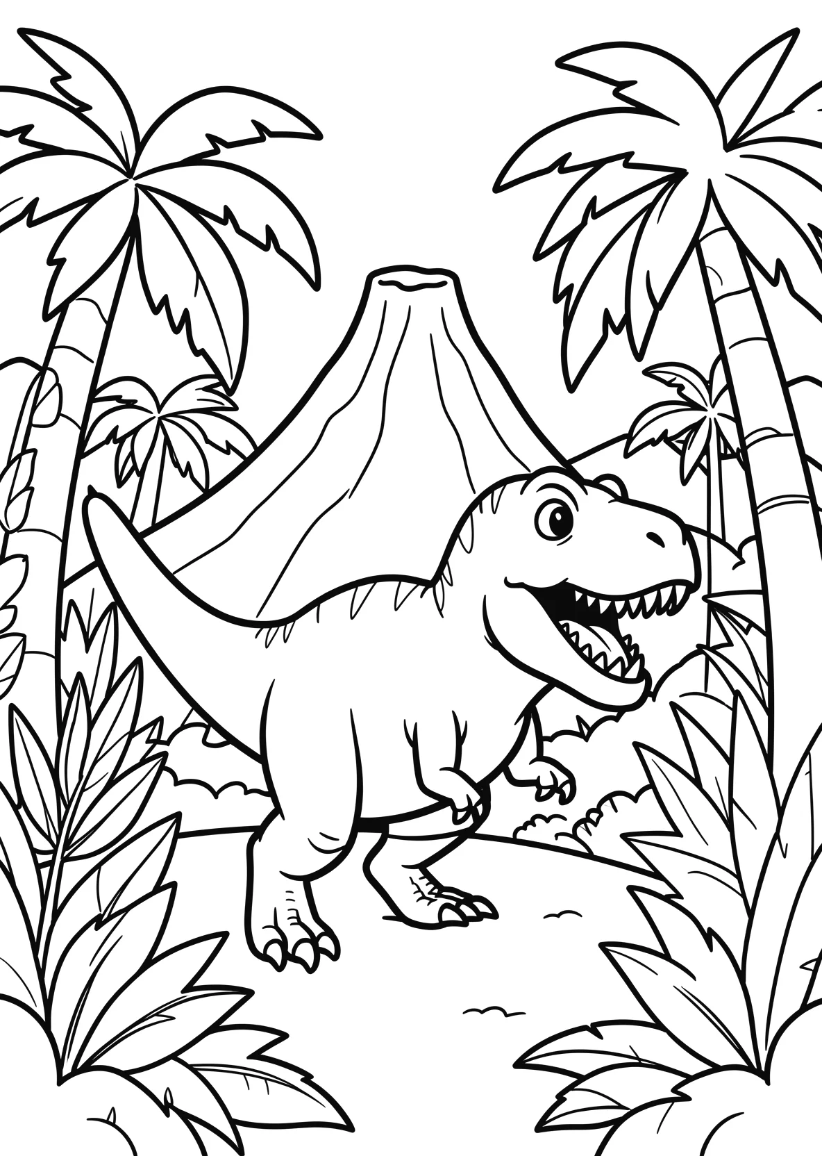 Ausmalbild T-Rex läuft durch einen Dschungel mit Palmen - Ausmalbild aus der Kategorie Tiere - kostenlos ausdrucken