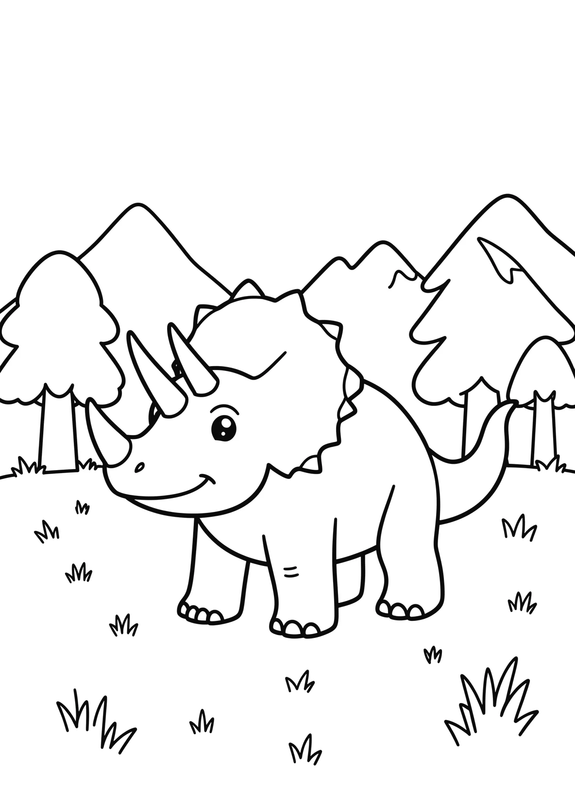 Ausmalbild Triceratops steht auf einer Wiese mit Bergen - Ausmalbild aus der Kategorie Tiere - kostenlos ausdrucken