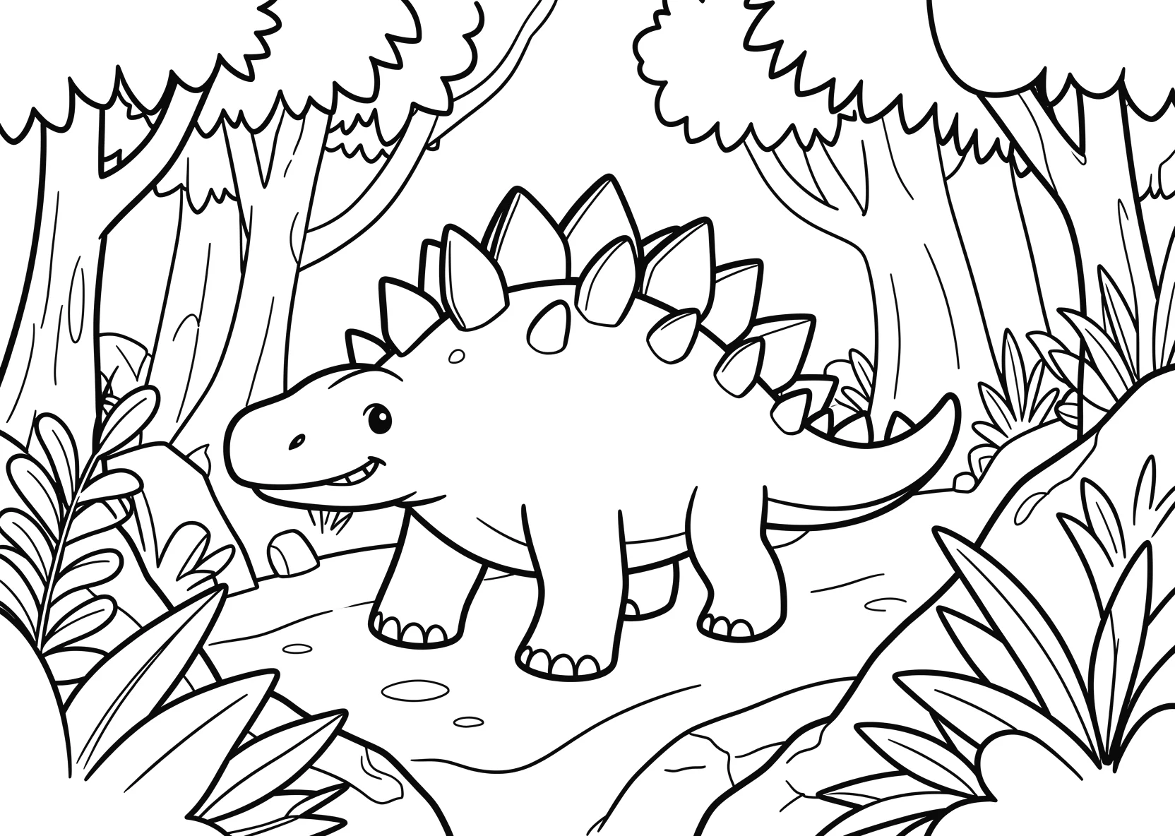 Ausmalbild Stegosaurus läuft durch einen Urwald mit Pflanzen - Ausmalbild aus der Kategorie Tiere - kostenlos ausdrucken