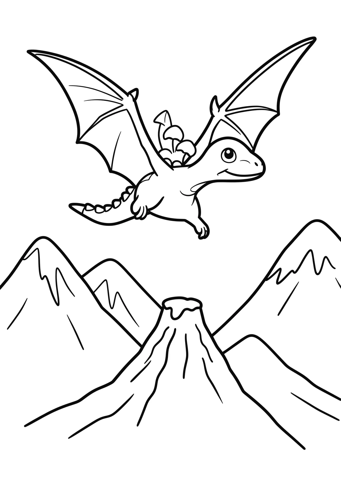 Ausmalbild Pterodaktylus fliegt über Berge - Ausmalbild aus der Kategorie Tiere - kostenlos ausdrucken