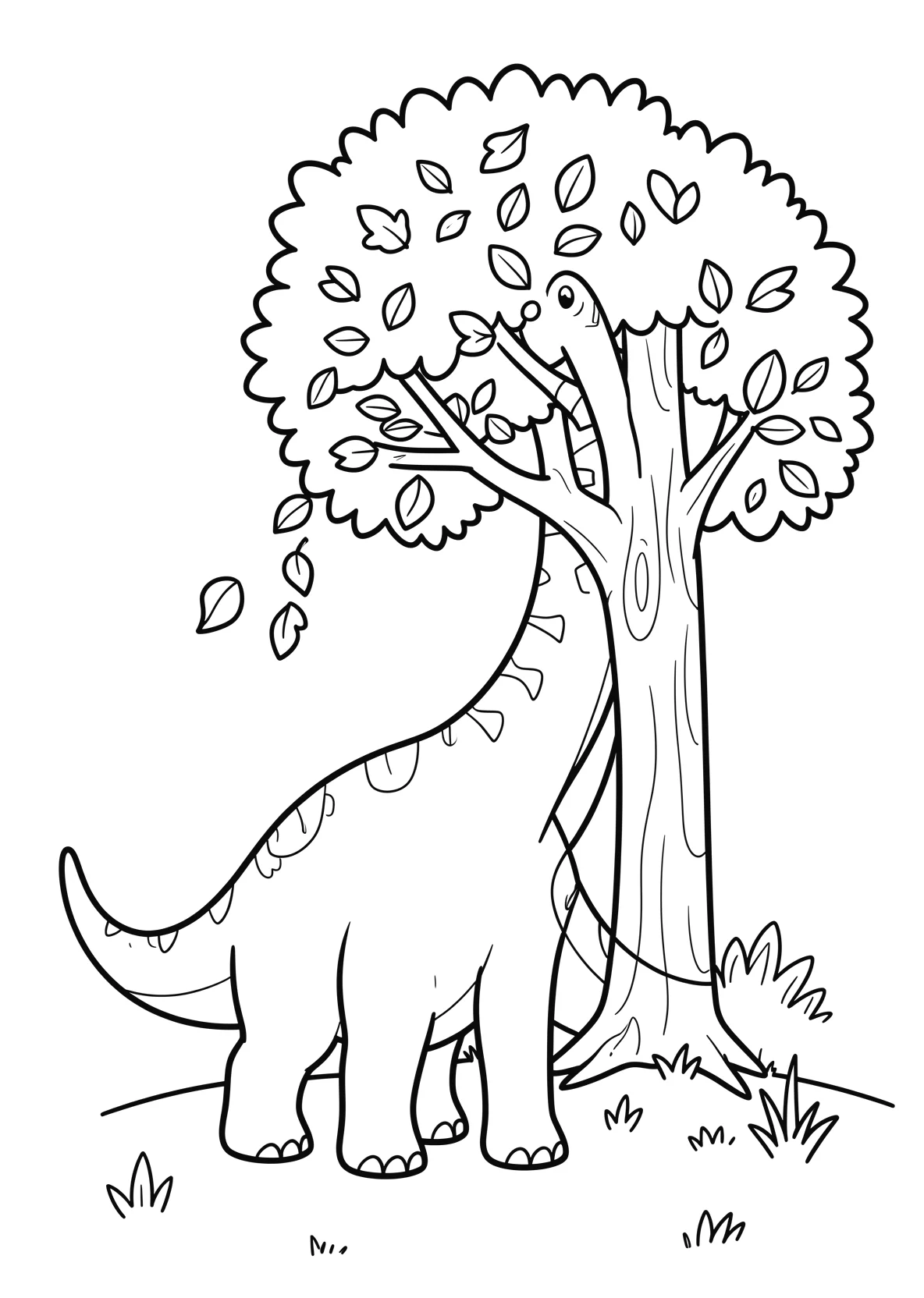 Ausmalbild Brachiosaurus frisst Blätter von einem hohen Baum - Ausmalbild aus der Kategorie Tiere - kostenlos ausdrucken