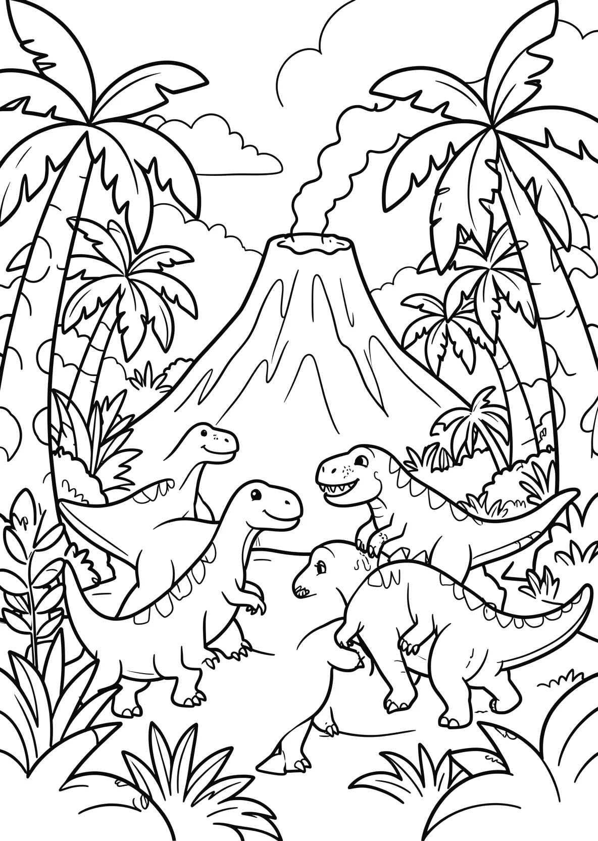 Ausmalbild Mehrere Dinosaurier laufen durch einen Urwald mit - Ausmalbild aus der Kategorie Tiere - kostenlos ausdrucken