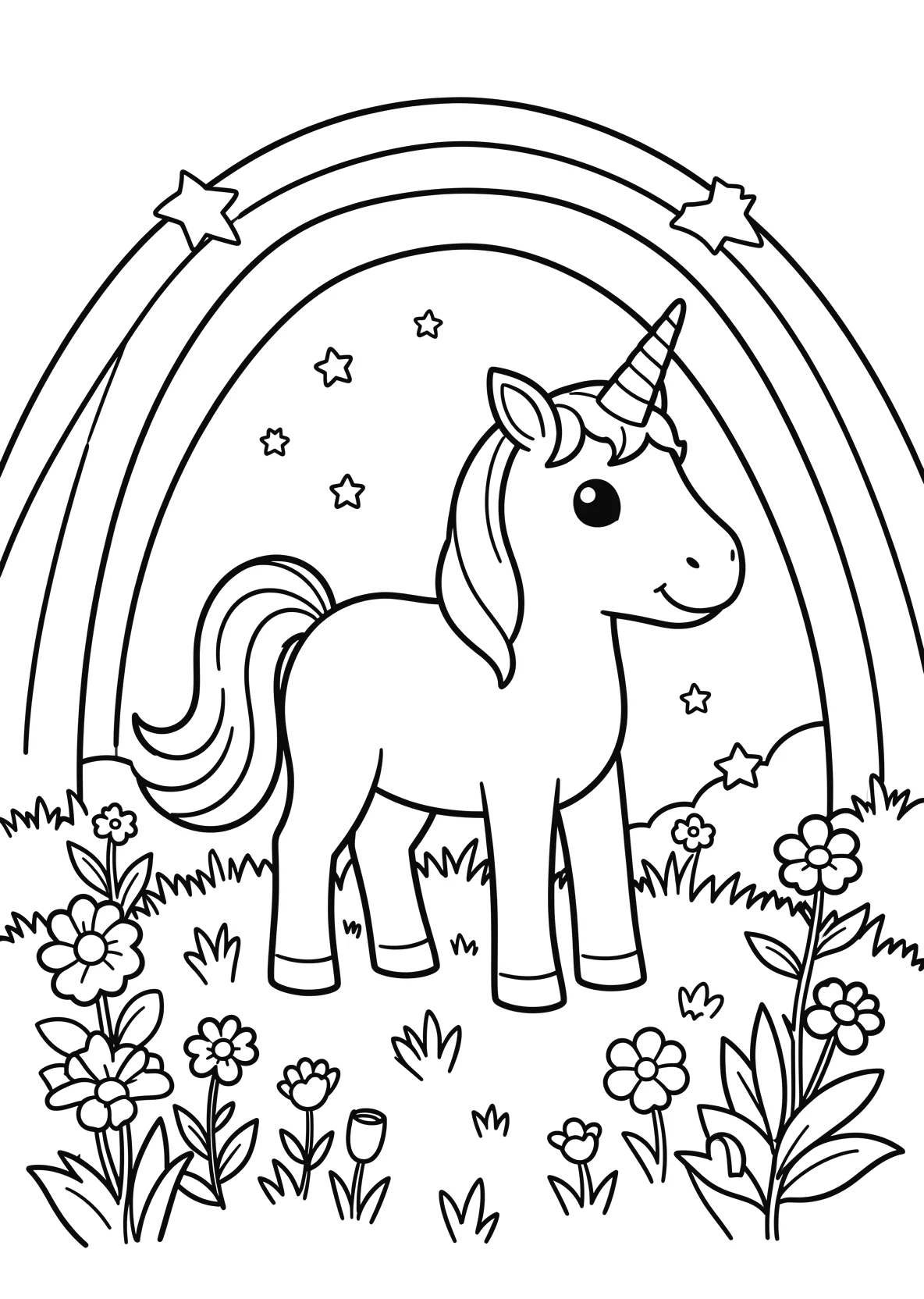 Ausmalbild Einhorn steht auf einer Blumenwiese mit Regenbogen - Ausmalbild aus der Kategorie Natur - kostenlos ausdrucken