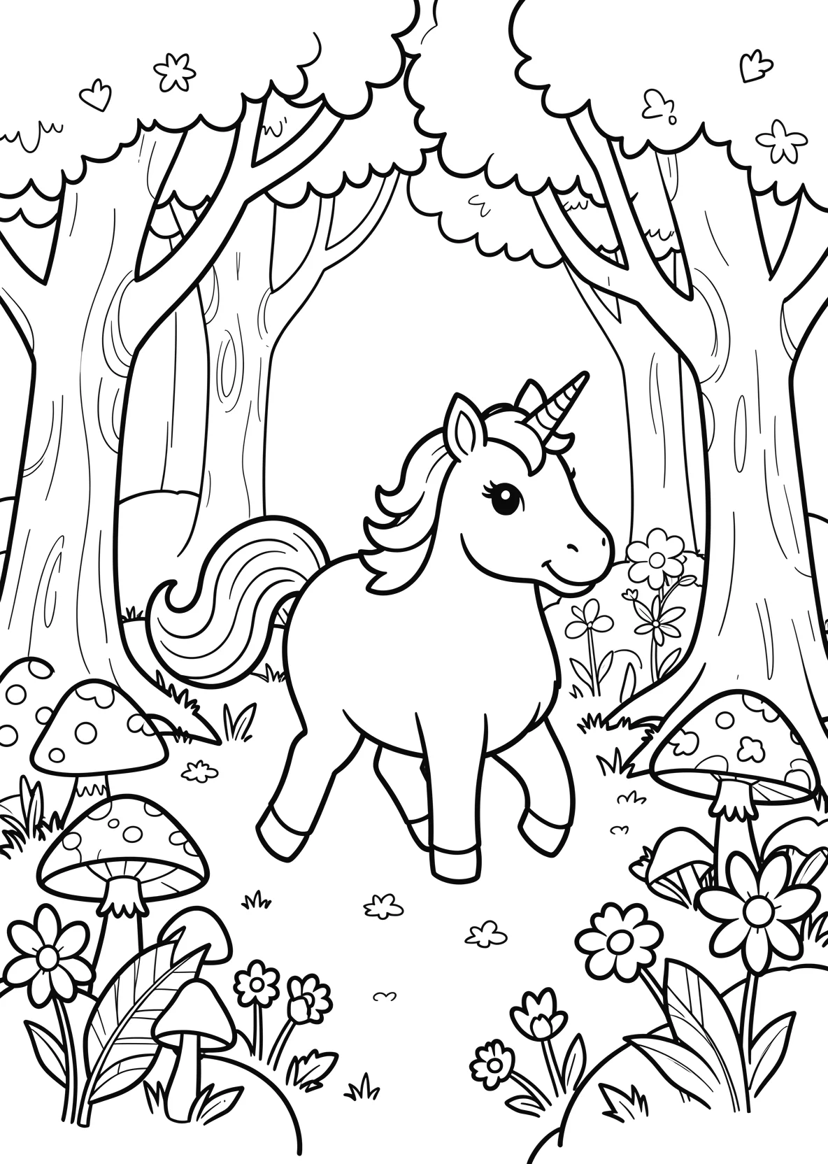 Ausmalbild Einhorn läuft durch einen Zauberwald mit Pilzen - Ausmalbild aus der Kategorie Maerchen - kostenlos ausdrucken