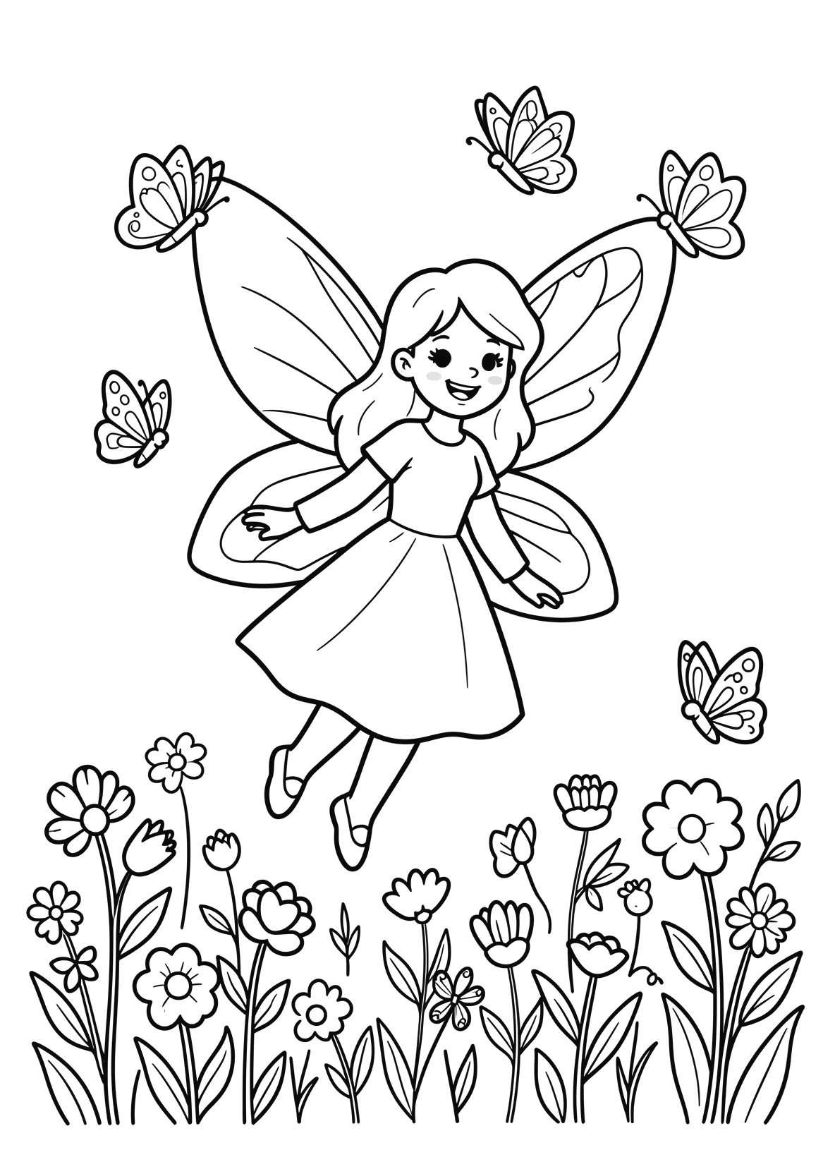 Ausmalbild Fee fliegt über eine Blumenwiese mit - Ausmalbild aus der Kategorie Maerchen - kostenlos ausdrucken