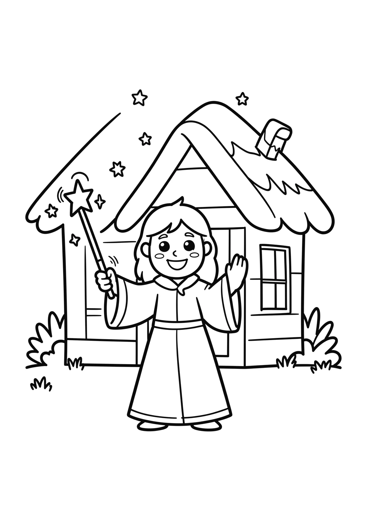 Ausmalbild Zauberer steht vor einer Hütte mit Zauberstab - Ausmalbild aus der Kategorie Maerchen - kostenlos ausdrucken