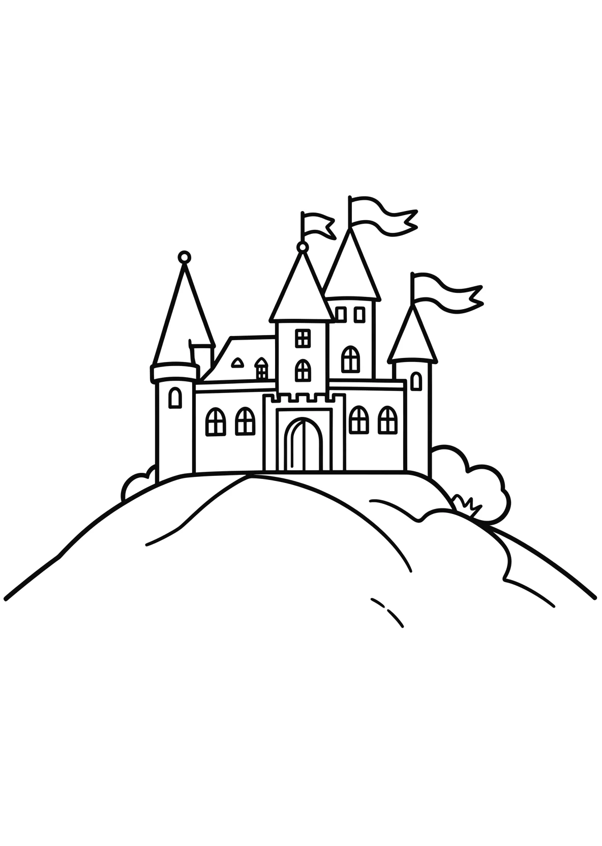 Ausmalbild Schloss auf einem Hügel mit Türmen und Fahnen - Ausmalbild aus der Kategorie Maerchen - kostenlos ausdrucken