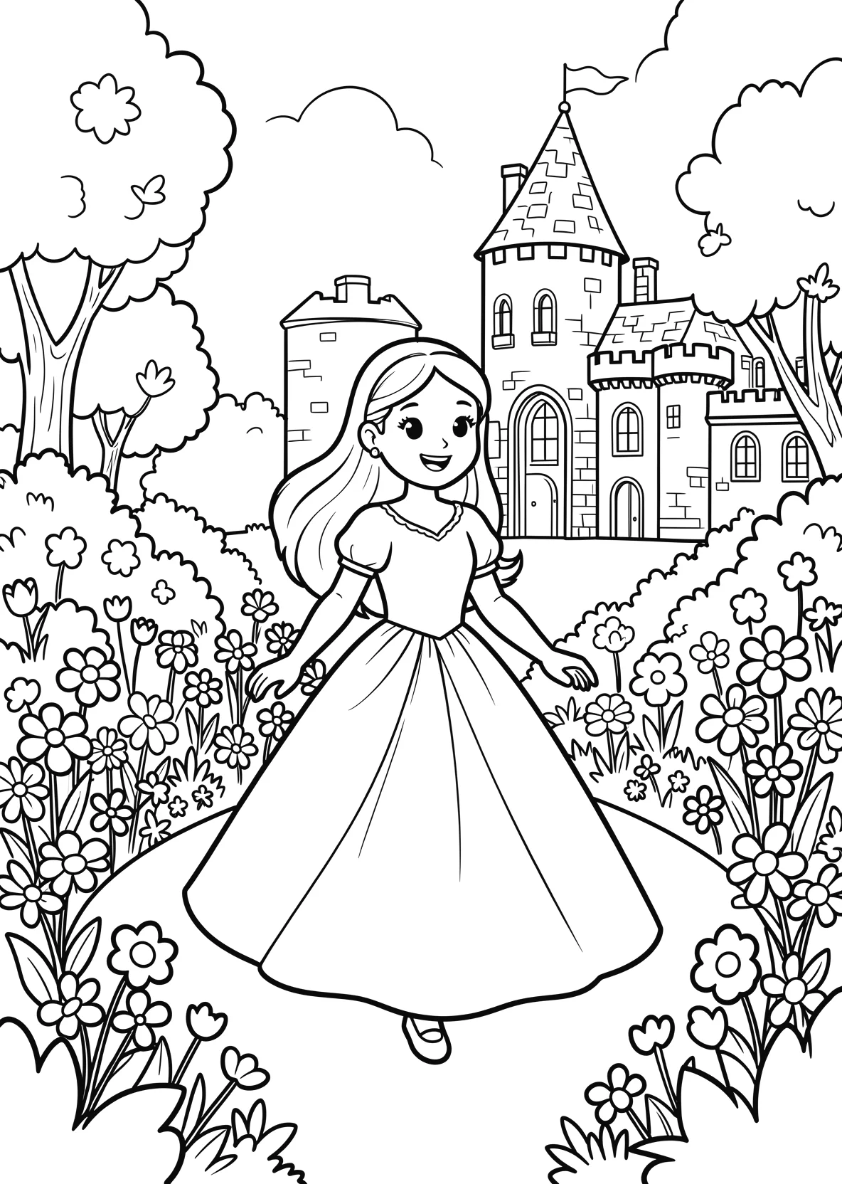 Ausmalbild Prinzessin läuft durch einen Schlossgarten mit - Ausmalbild aus der Kategorie Maerchen - kostenlos ausdrucken