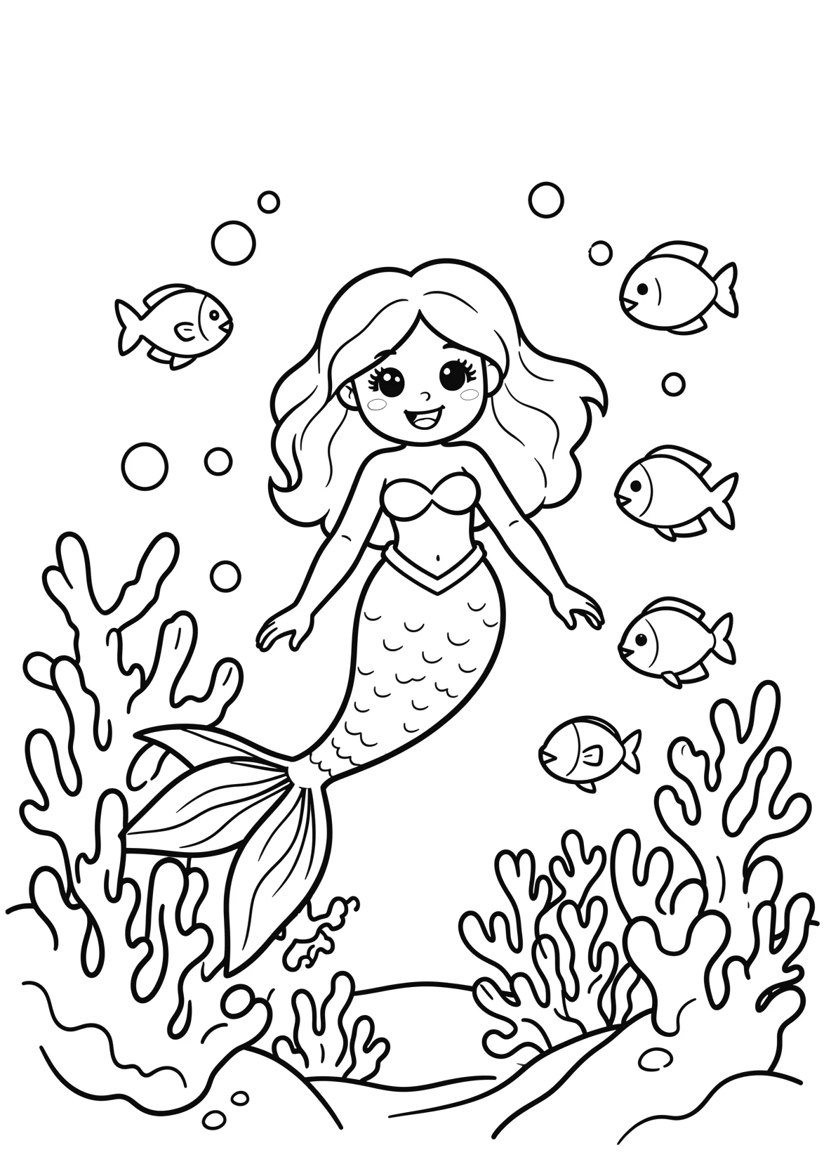 Ausmalbild Meerjungfrau schwimmt im Meer mit Korallen - Ausmalbild aus der Kategorie Maerchen - kostenlos ausdrucken