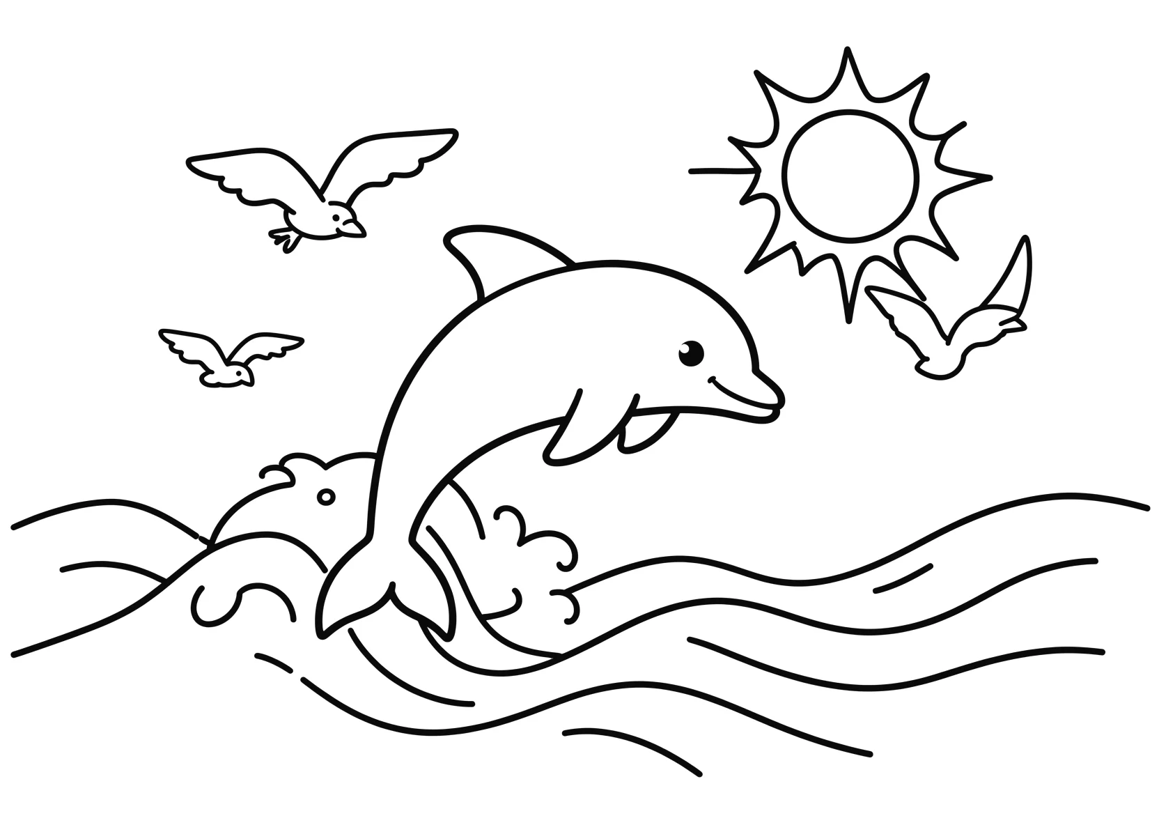 Ausmalbild Delfin springt über Wellen mit Möwen - Ausmalbild aus der Kategorie Tiere - kostenlos ausdrucken