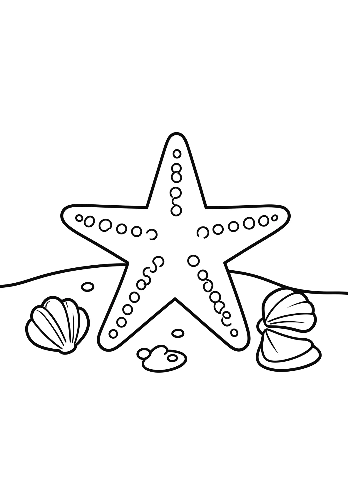 Ausmalbild Seestern liegt auf dem Meeresboden mit Muscheln - Ausmalbild aus der Kategorie Natur - kostenlos ausdrucken