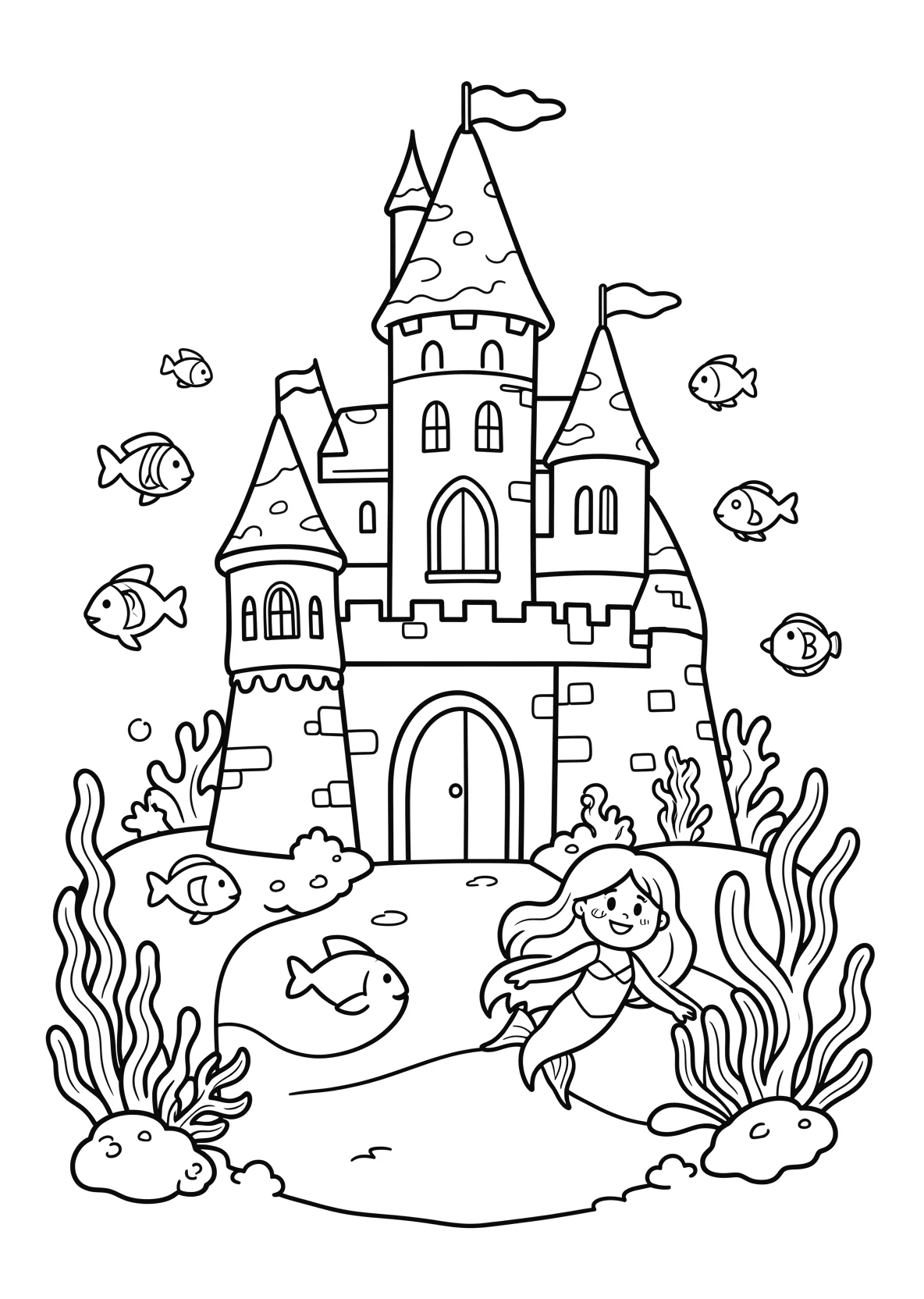 Ausmalbild Unterwasserschloss mit Meerjungfrau - Ausmalbild aus der Kategorie Maerchen - kostenlos ausdrucken