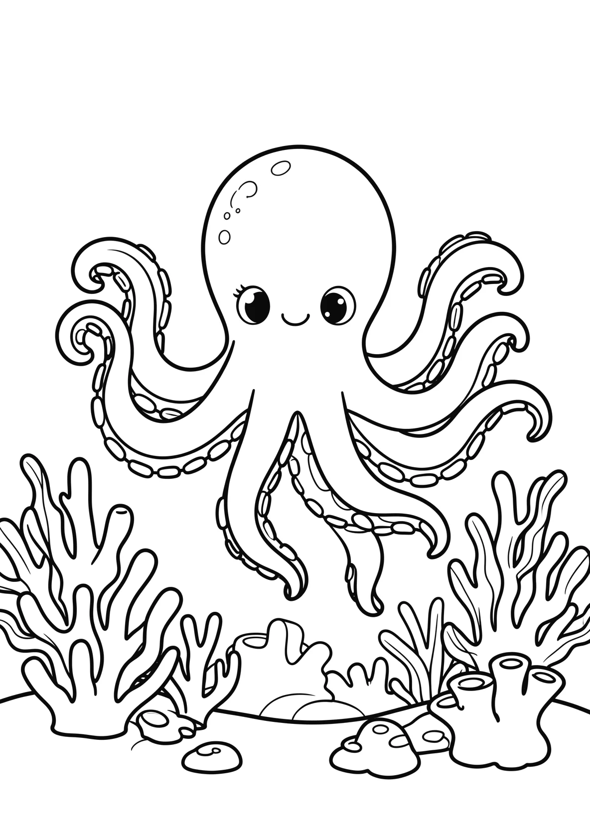 Ausmalbild Oktopus schwimmt zwischen Korallen und Algen - Ausmalbild aus der Kategorie Tiere - kostenlos ausdrucken