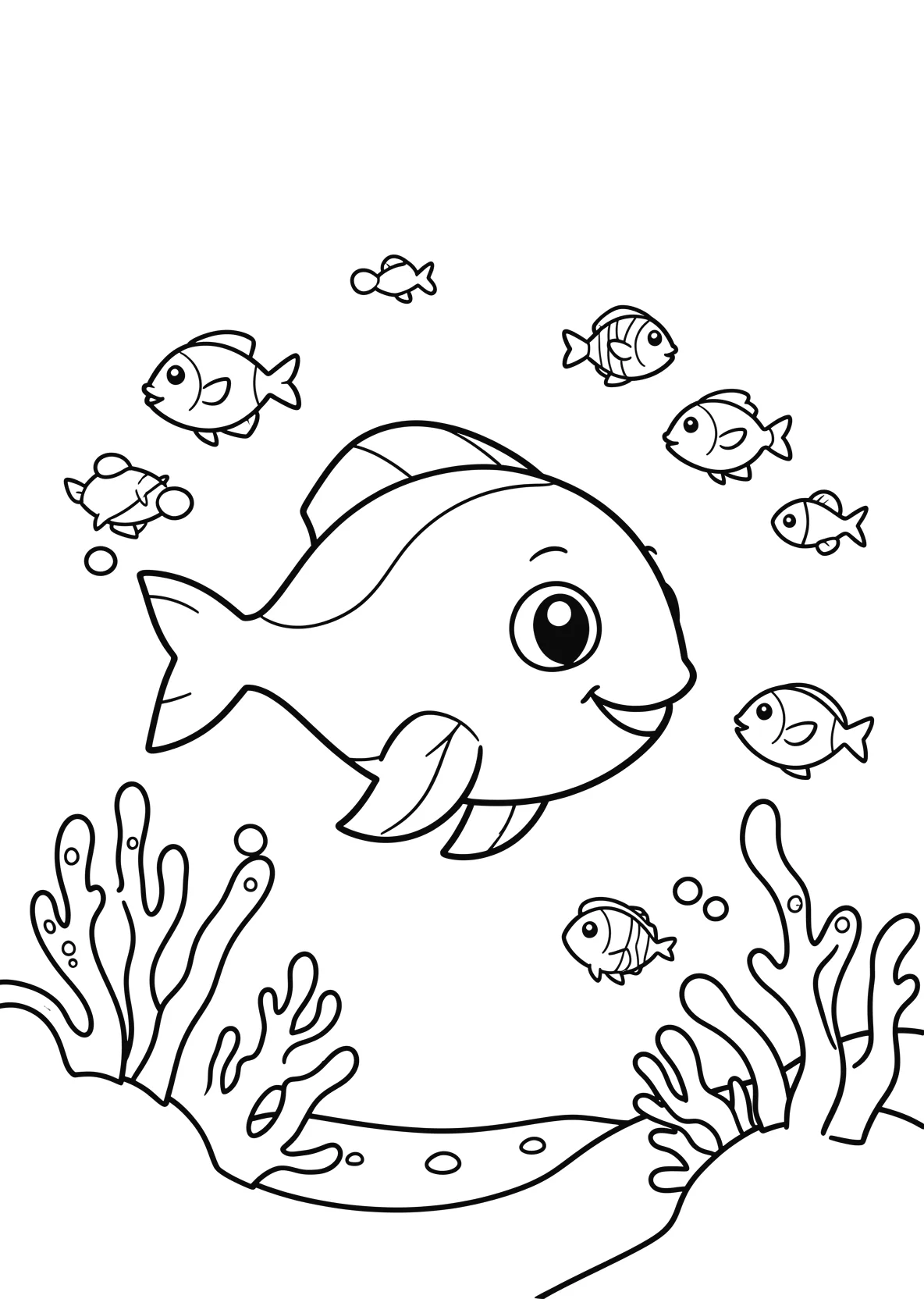 Ausmalbild Hai schwimmt im Meer mit kleinen Fischen - Ausmalbild aus der Kategorie Tiere - kostenlos ausdrucken