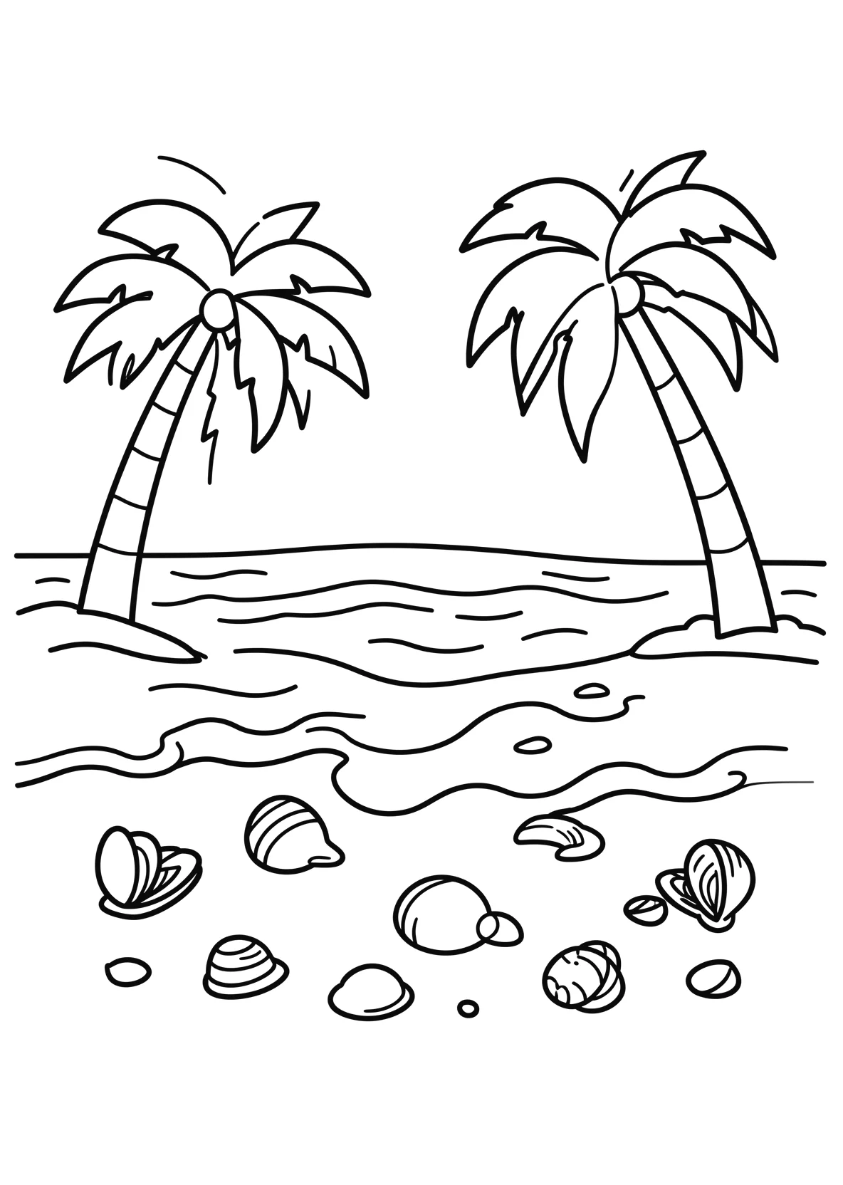 Ausmalbild Strand mit Muscheln, Wellen und Palmen - Ausmalbild aus der Kategorie Natur - kostenlos ausdrucken