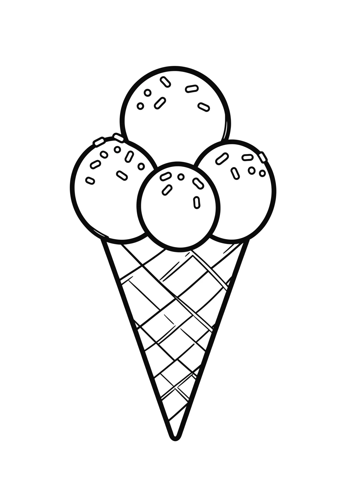 Ausmalbild Eistüte mit mehreren Kugeln Eis und Streuseln - Ausmalbild aus der Kategorie Essen - kostenlos ausdrucken